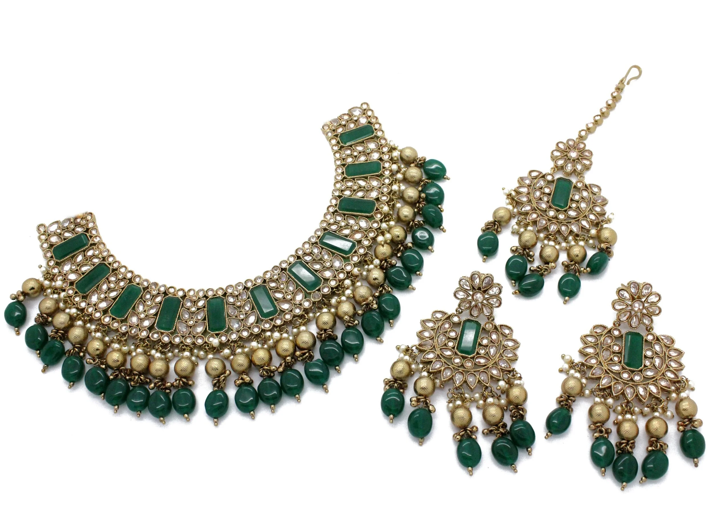 Green Antique Gold Indian Asian Bridal Necklace Jewellery Set Party Wedding