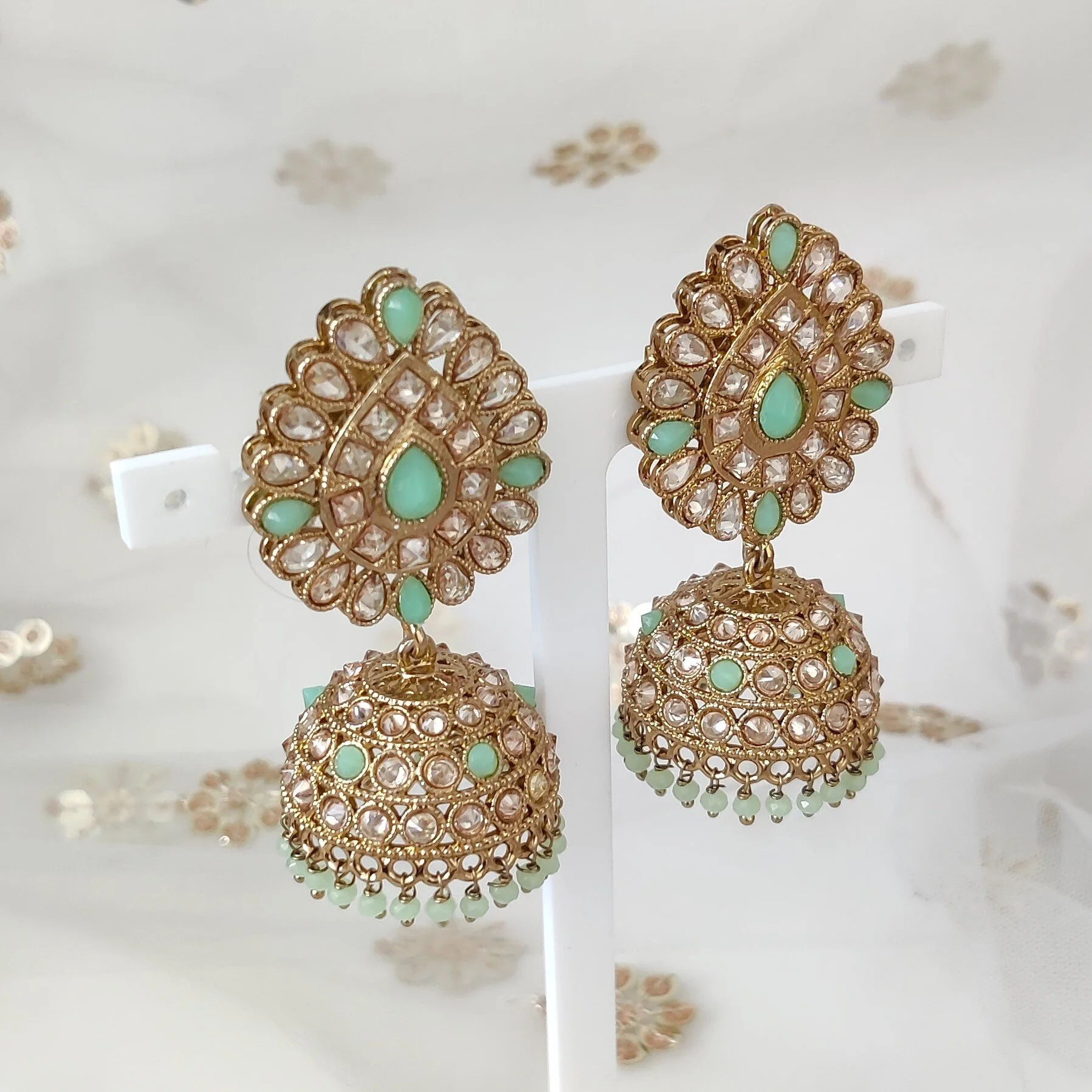 Mint Antique Gold Polki Indian Asian Jhumki Earrings 