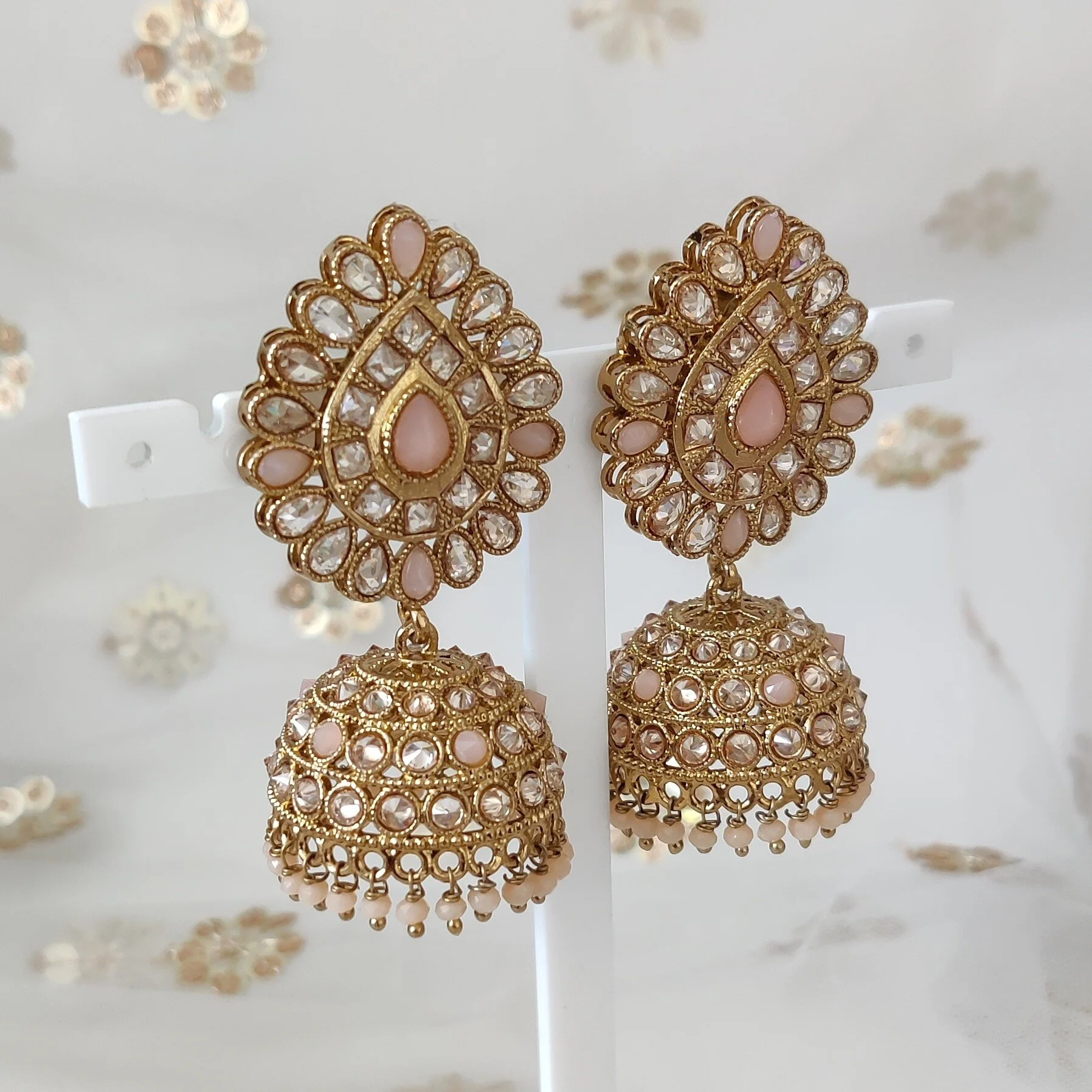 Dusty Pink Antique Gold Polki Indian Asian Jhumki Earrings