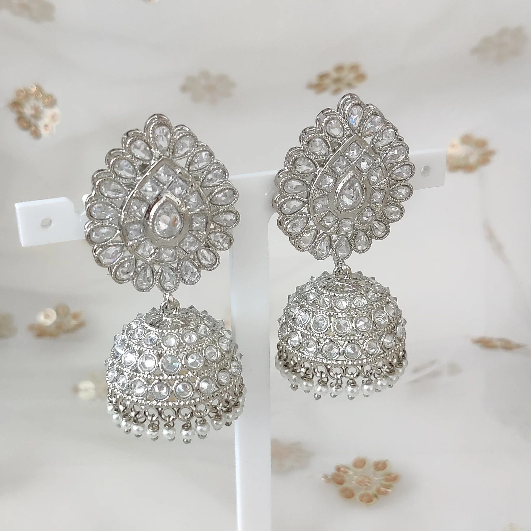 Full Silver Polki Indian Asian Jhumki Earrings