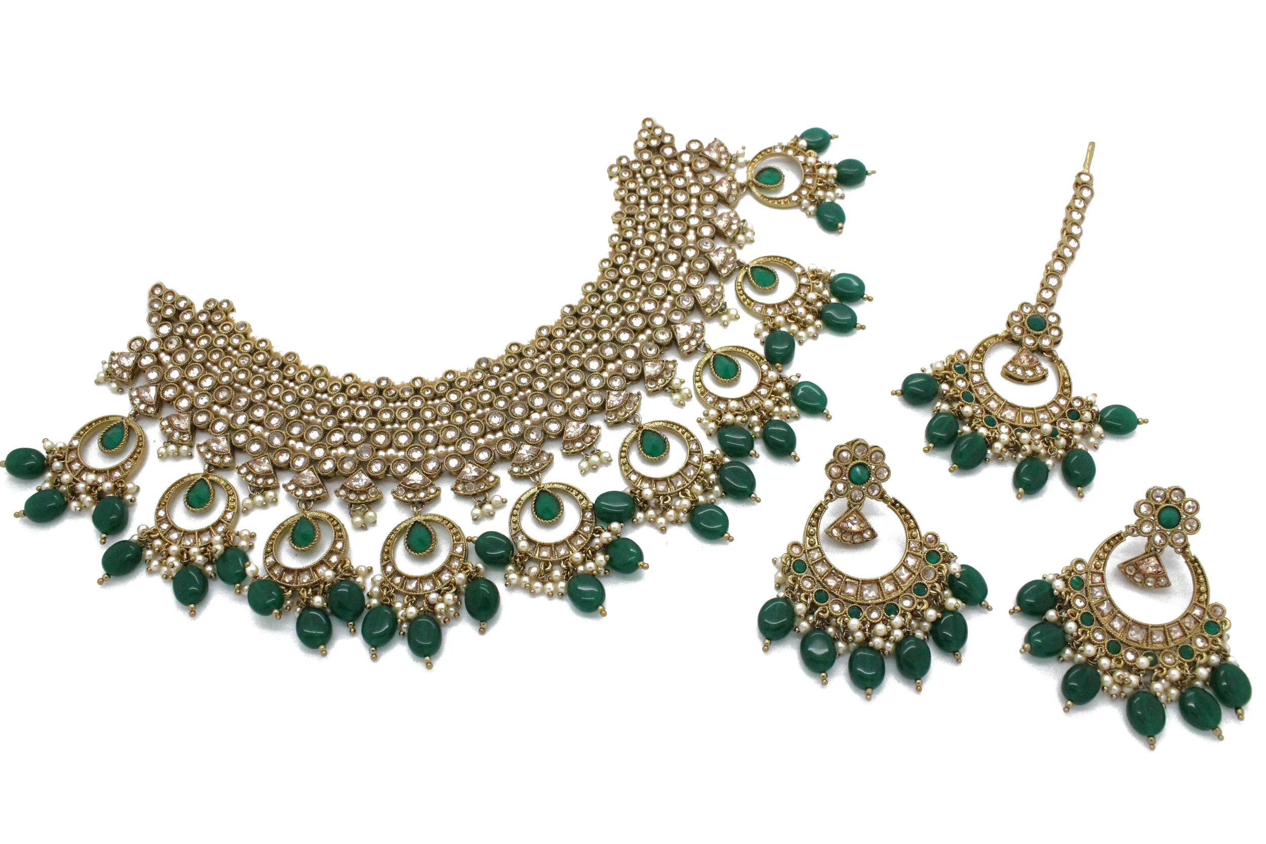 Green Antique Gold Polki Kundan Indian Asian Bridal Necklace Jewellery Jewelry Set 