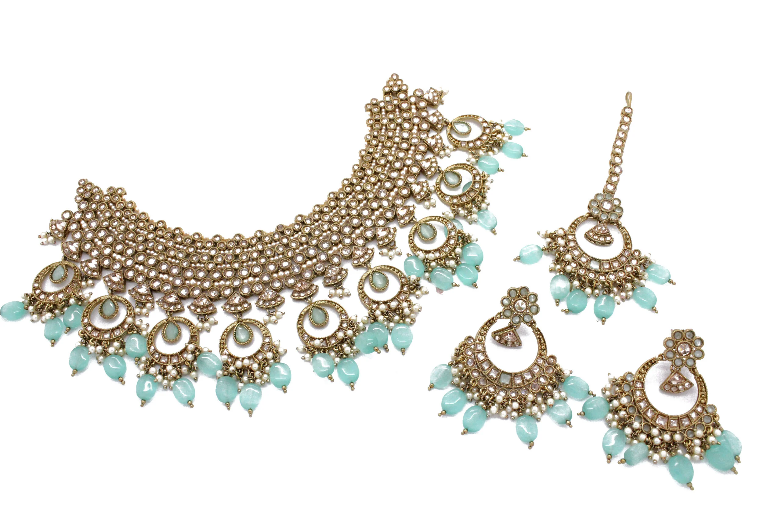 Mint Antique Gold Polki Kundan Indian Asian Bridal Necklace Jewellery Jewelry Set 