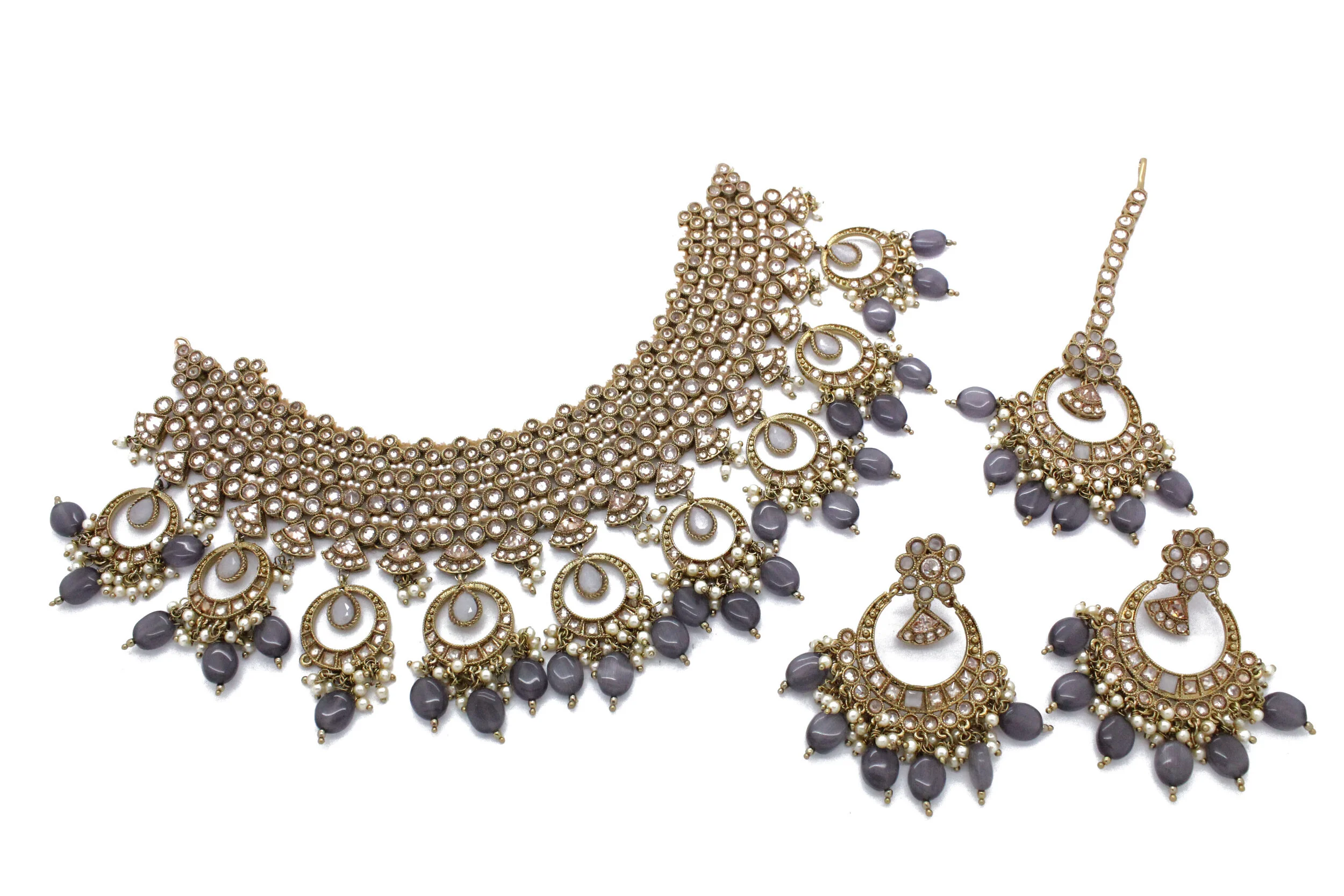 Grey Antique Gold Neckline Jewellery Set