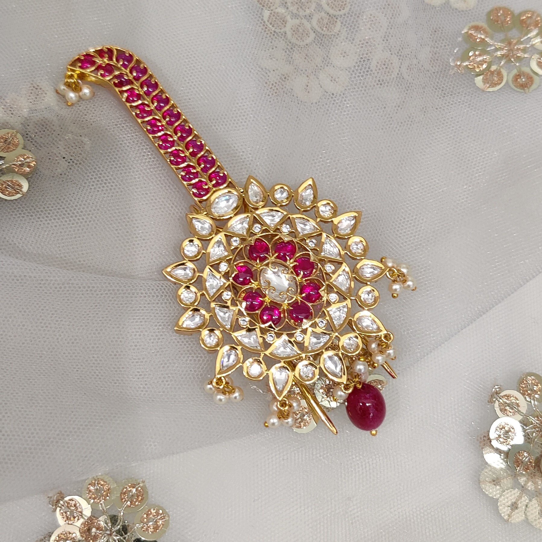 Gold Silver Kundan Stone Ruby Grooms Turban Kalgi
