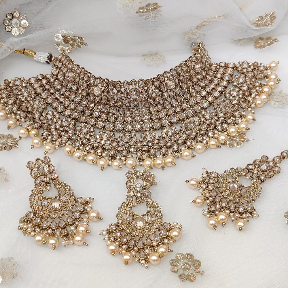 Antique Gold Polki Kundan Statement Indian Asian Bridal Necklace Jewellery  Set — Glimour Jewellery