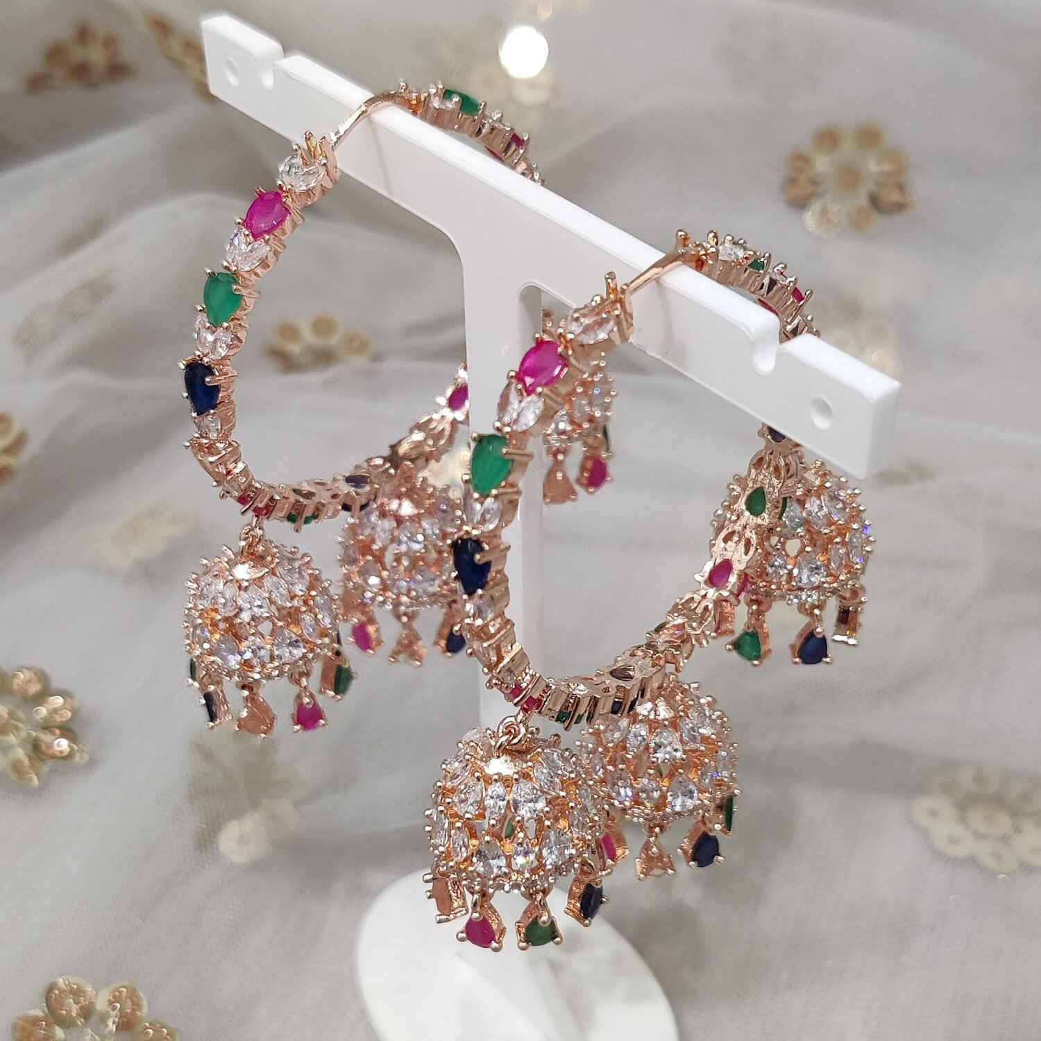 Multi Rose Gold Amercian Diamond Cubic Zirconia Hoop Jhumki Earrings Glimour Jewellery