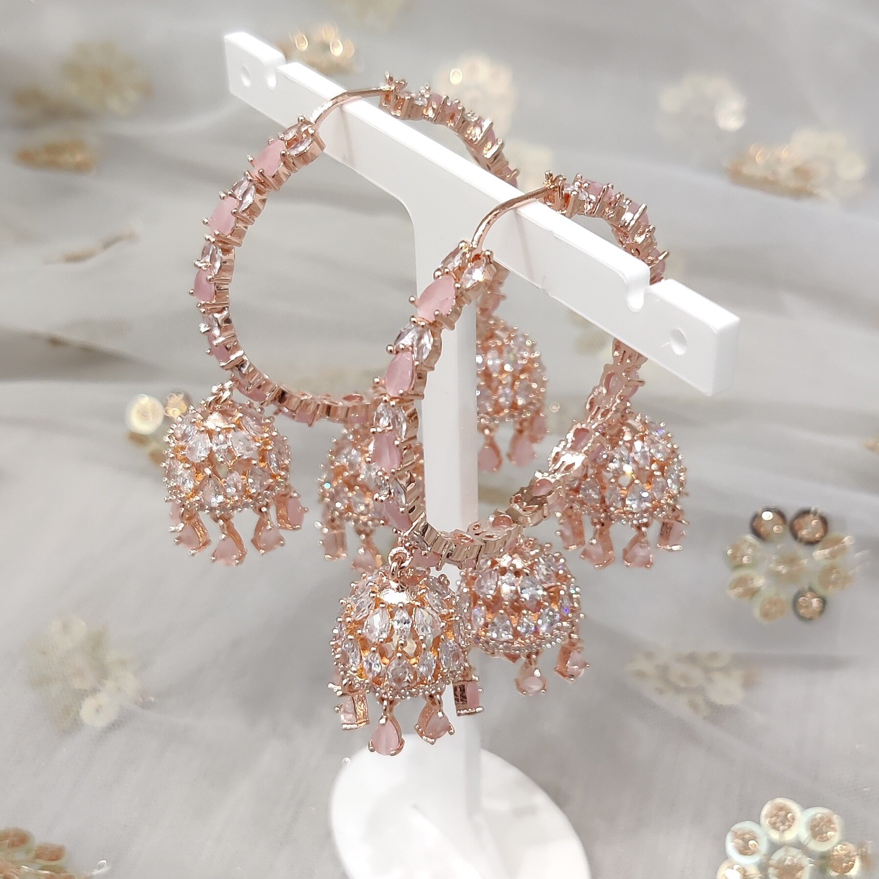 Baby Pink Rose Gold Cubic Zirconia 'ROSHNI' Hoop Triple Drop Jhumki Earrings