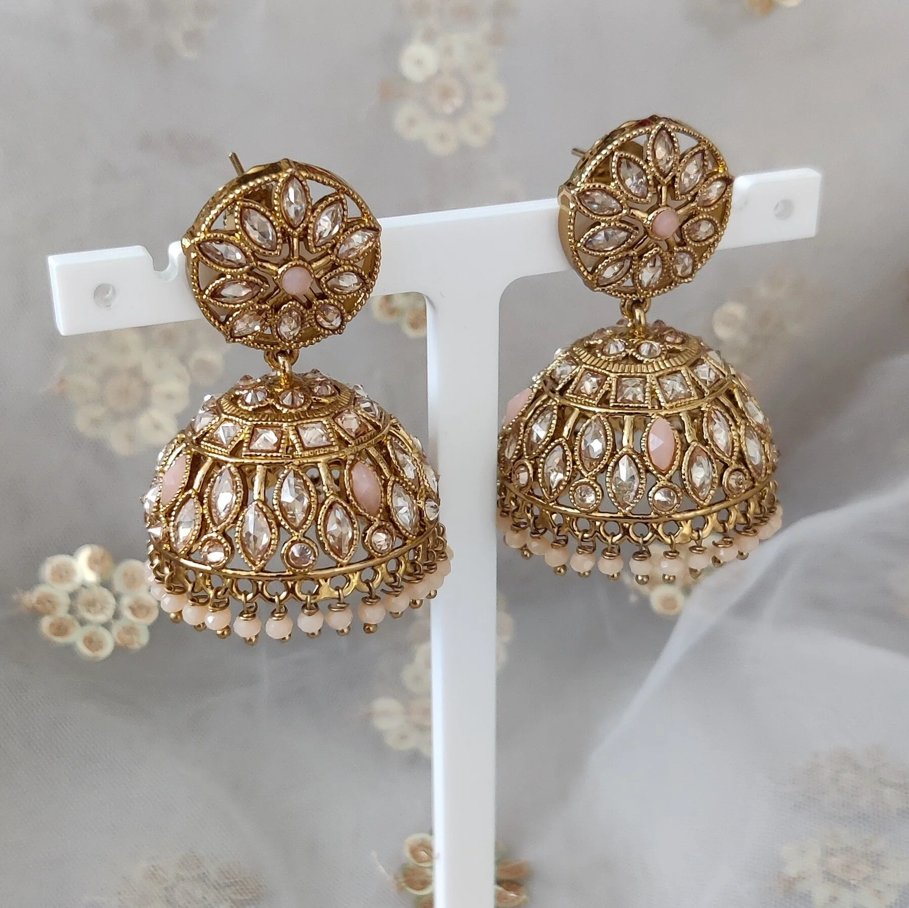 Peach Antique Gold Indian Asian Polki Kundan Jhumki Earrings 