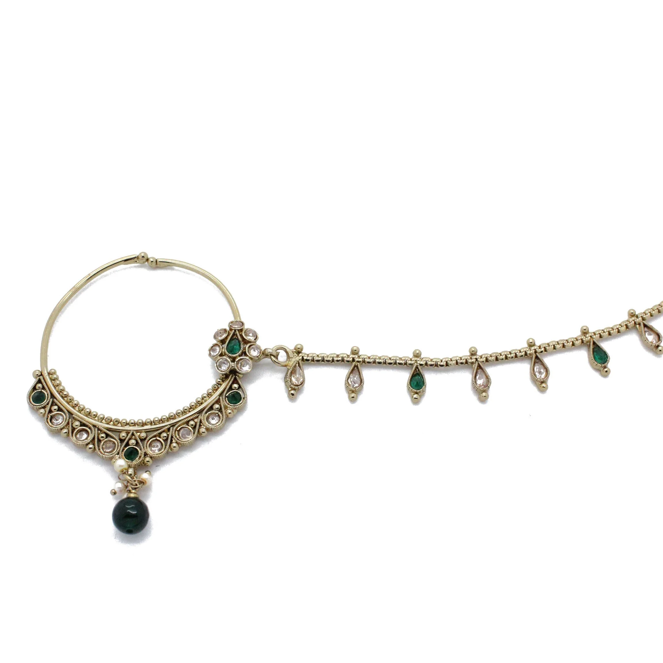 Green Antique Gold Polki 'AMBI' Nose Chain