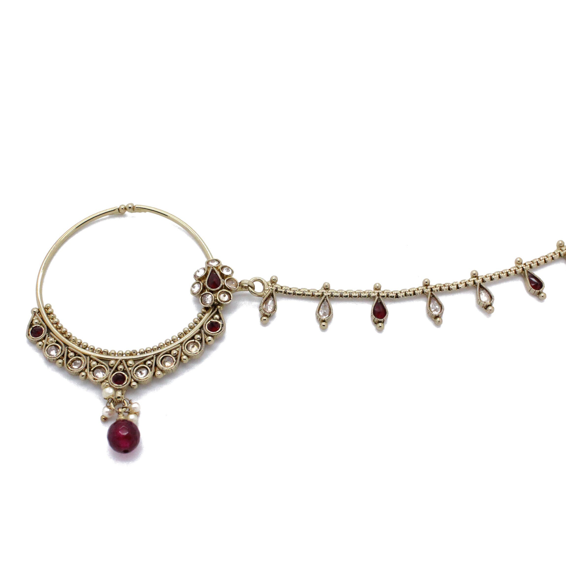 Maroon Antique Gold Indian Polki Bridal Nose Chain Nath