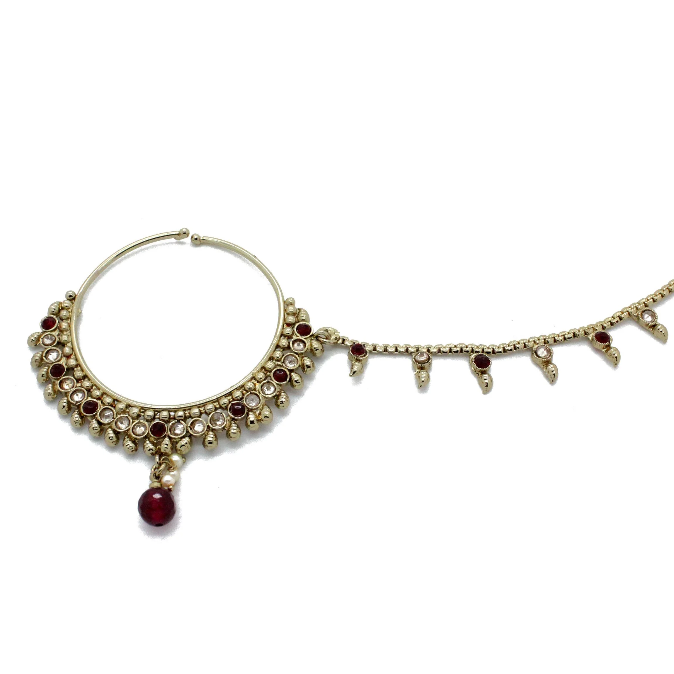 Maroon Antique Gold Indian Polki Bridal Nose Chain Nath