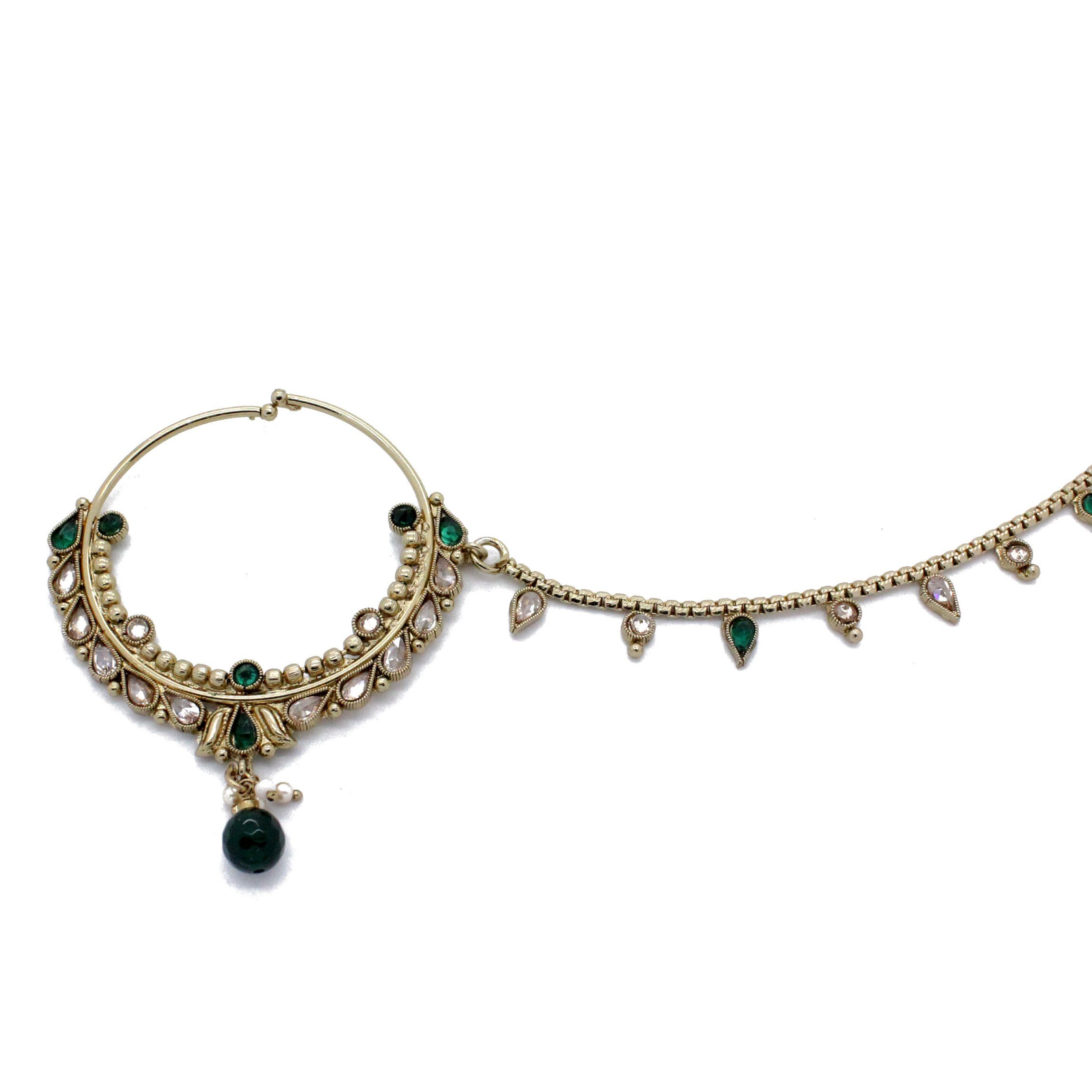 Green Antique Gold Indian Polki Bridal Nose Chain Nath