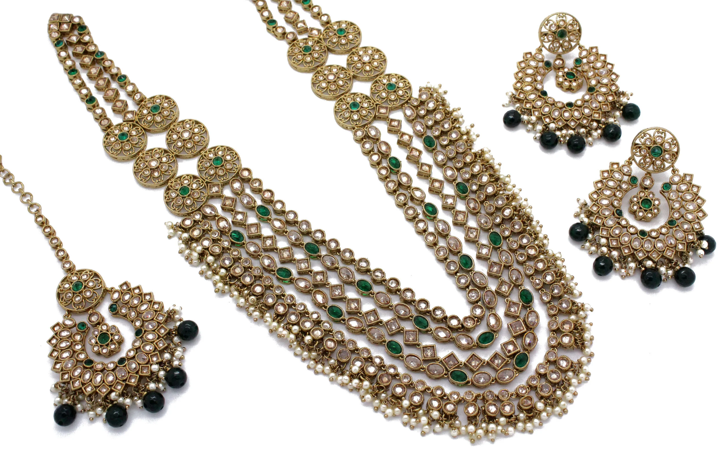 Green Antique Gold 'MEHARI' Mala Necklace Tikka Earring Set