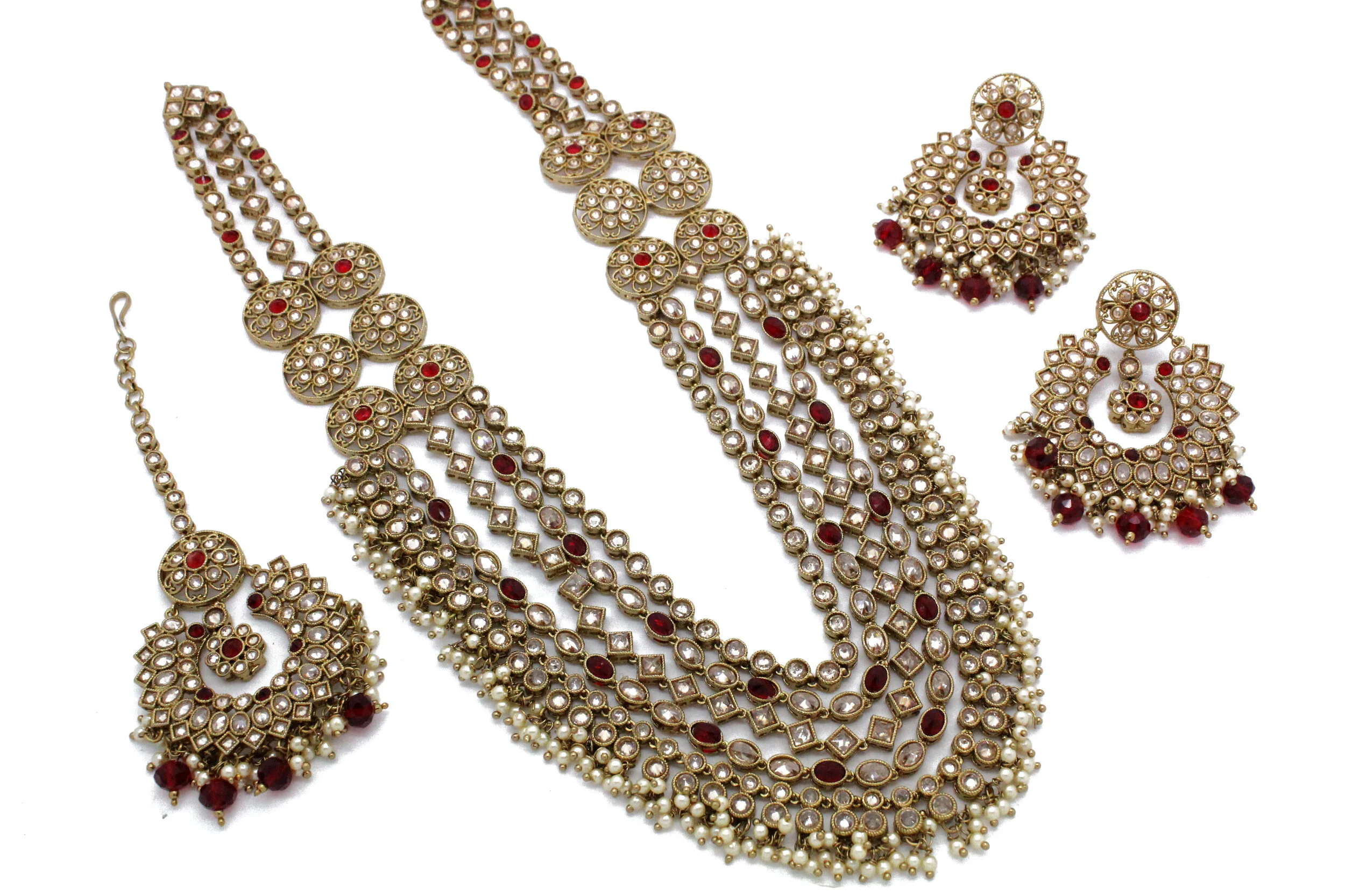 Maroon Antique Gold Indian Asian Bridal Mala Long Necklace Jewellery Set Wedding 