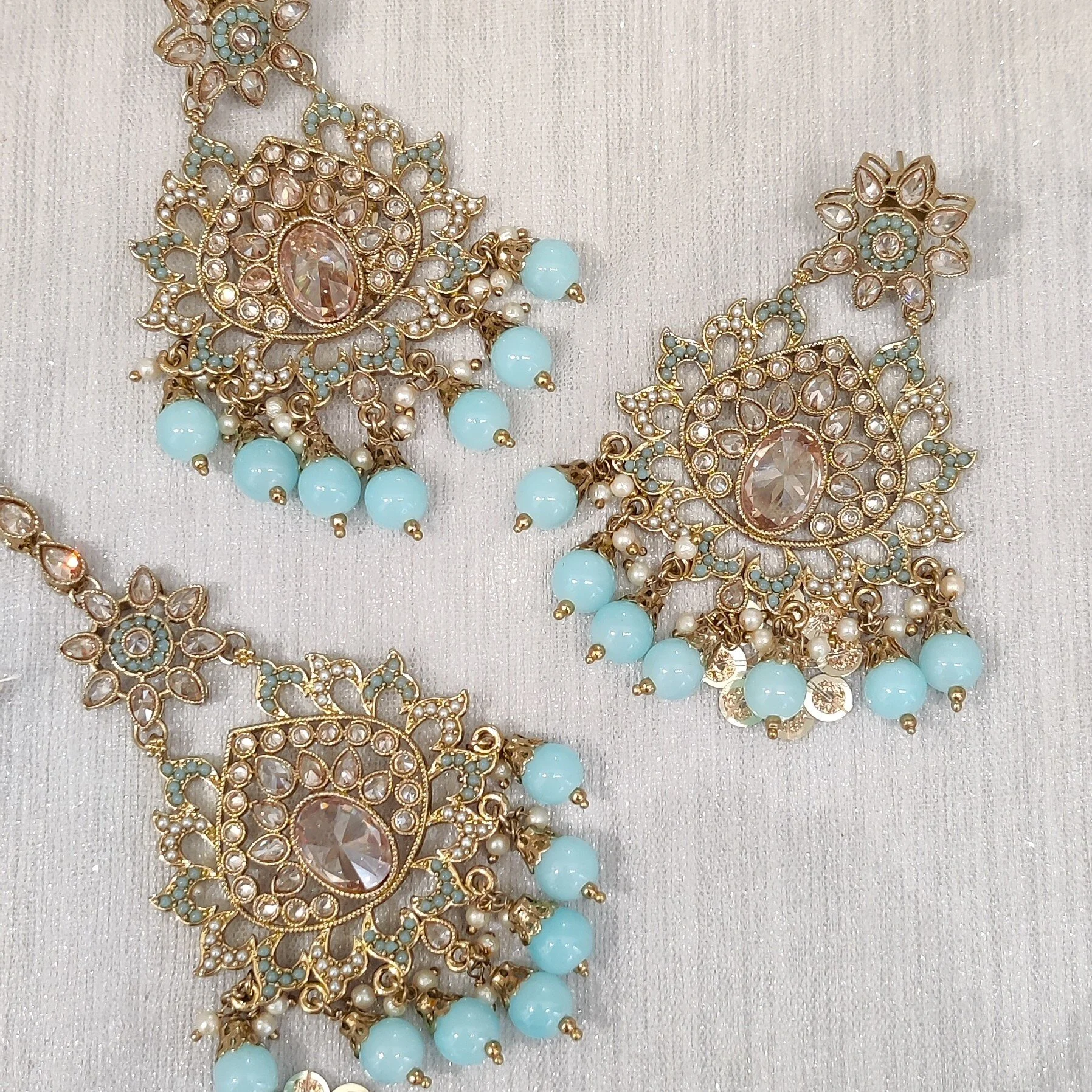 Baby Pink Pearl Antique Gold Indian Asian Tikka Earring Jewellery Set