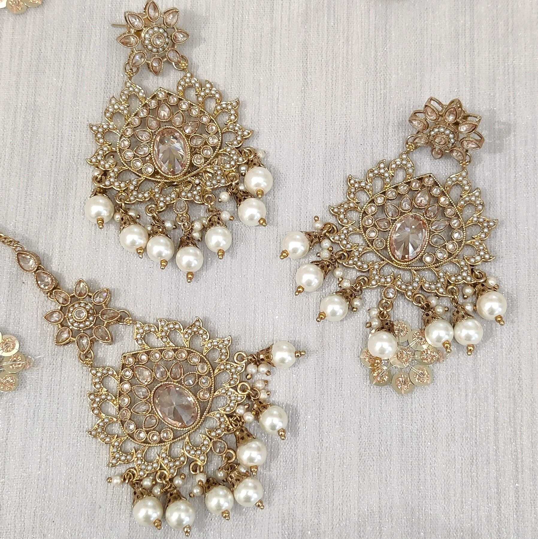 Green Pearl Antique Gold Indian Asian Tikka Earring Jewellery Set