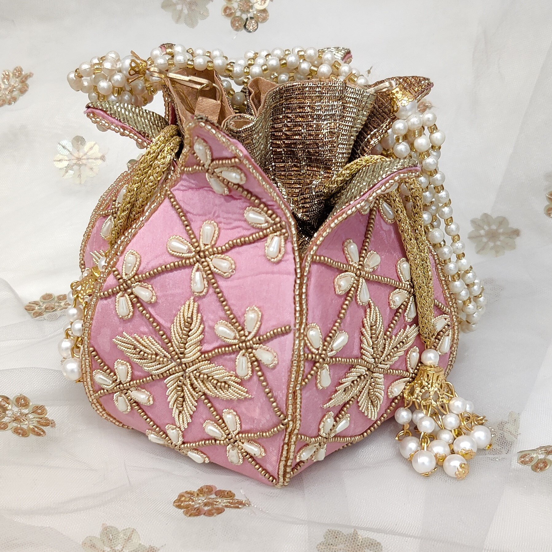 Baby Pink Gold Pearl Potli Bag