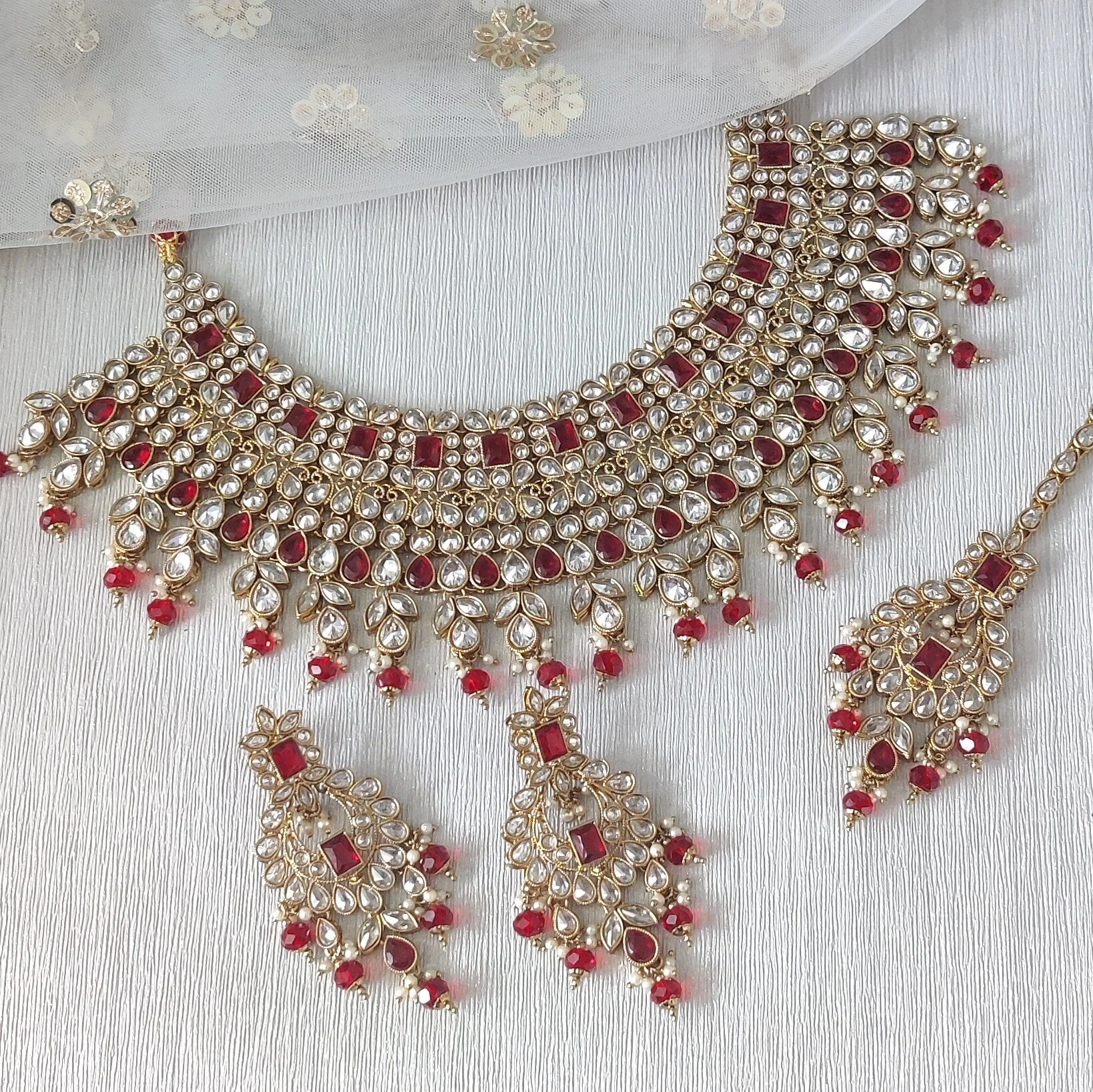 Maroon Gold Silver Polki Stone Indian Asian Bridal Necklace Jewellery Set Wedding  