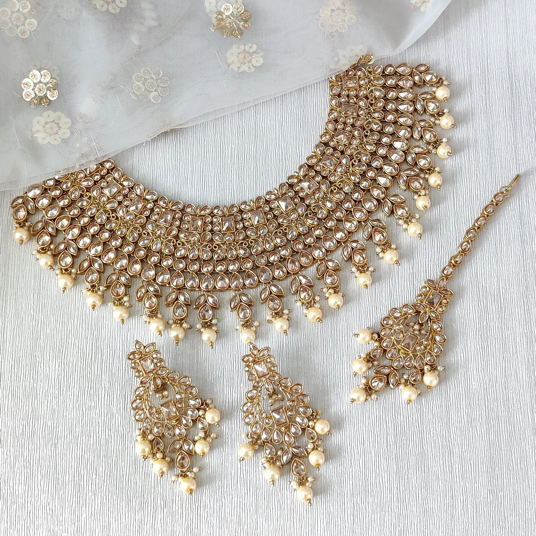Antique Gold Polki Stone Indian Asian Bridal Necklace Jewellery Set Wedding  
