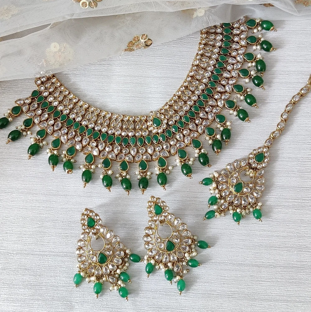 Green Gold Silver Indian Asian Polki Kundan Stone Bridal Necklace Jewellery  Jewelry Set — Glimour Jewellery