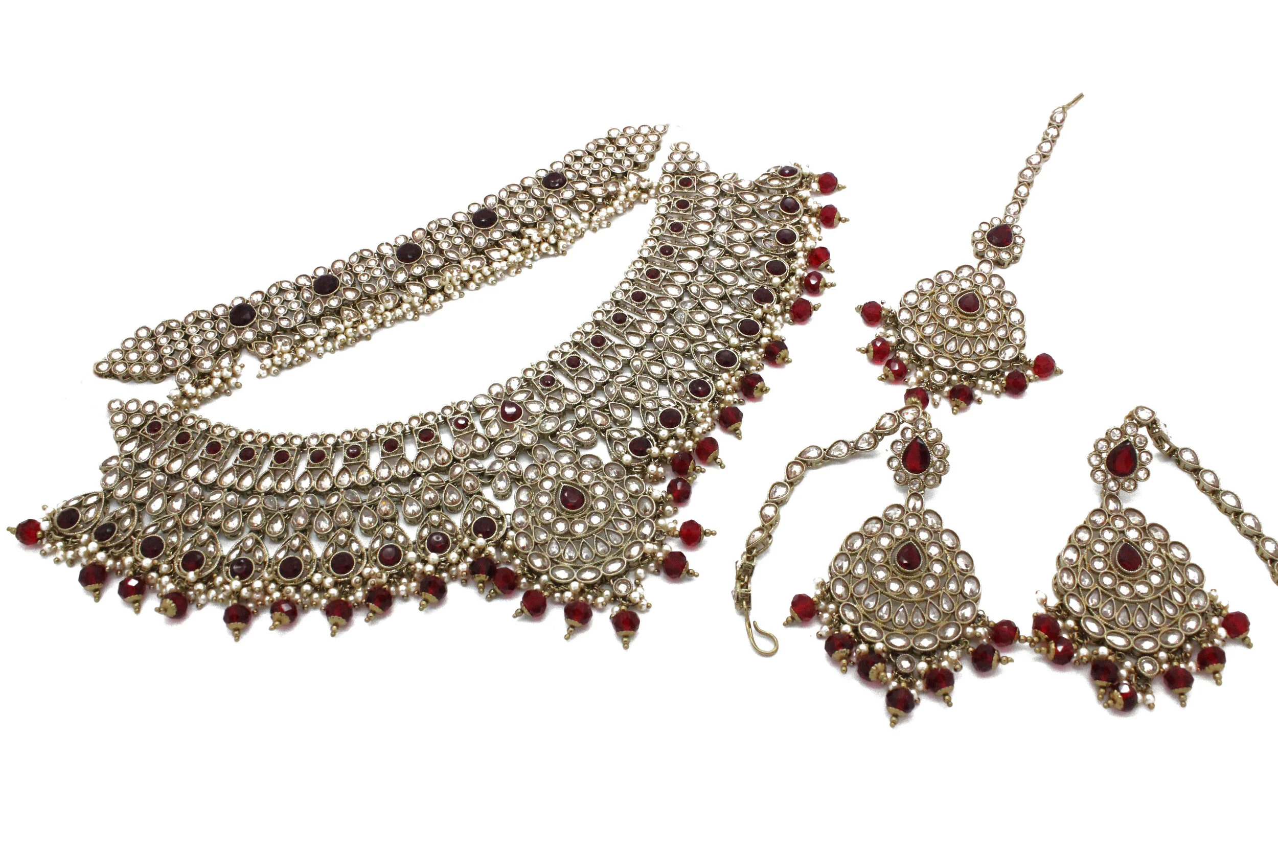 Maroon Antique Gold Polki Stone Choker Necklace Indian Asian Bridal Necklace Jewellery Set Wedding