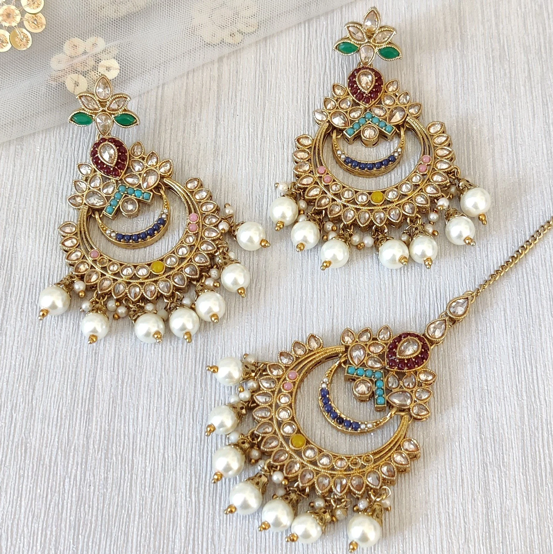 Green Pearl Antique Gold Indian Asian Tikka Earring Jewellery Set