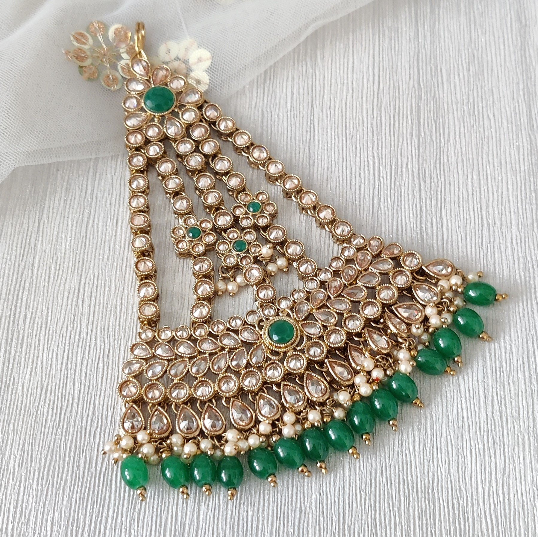 Green Antique Gold Indian Asian Bridal Headpiece Jhoomer Pasa 