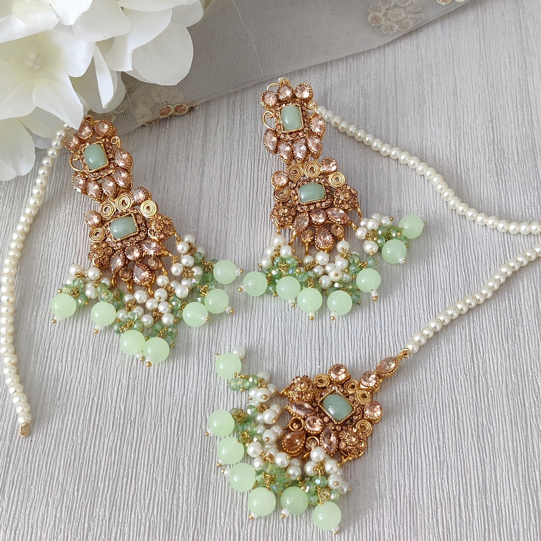 Champagne Gold Mint Tikka Earring Set Indian Asian Party Wear