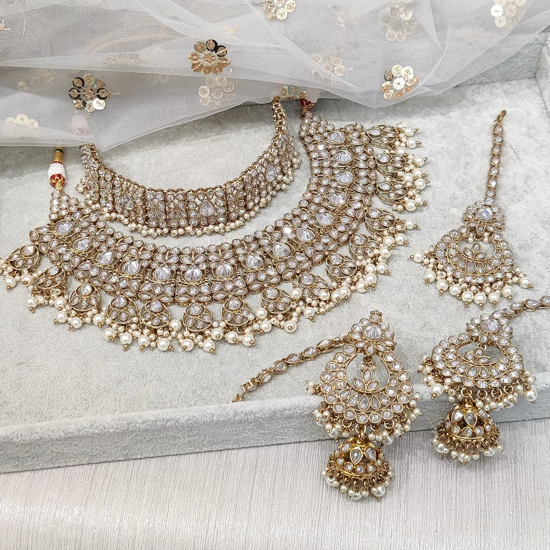 Gold Silver Indian Asian Polki Stone Bridal Necklace Wedding Jewellery Set 