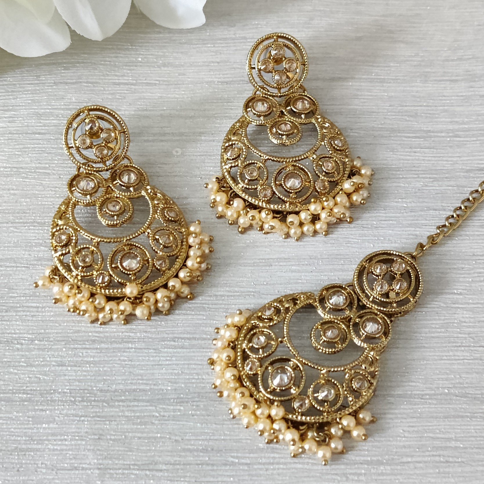 Antique Gold Polki Stone 'RESHMI' Tikka Earring Set Lots of Colours