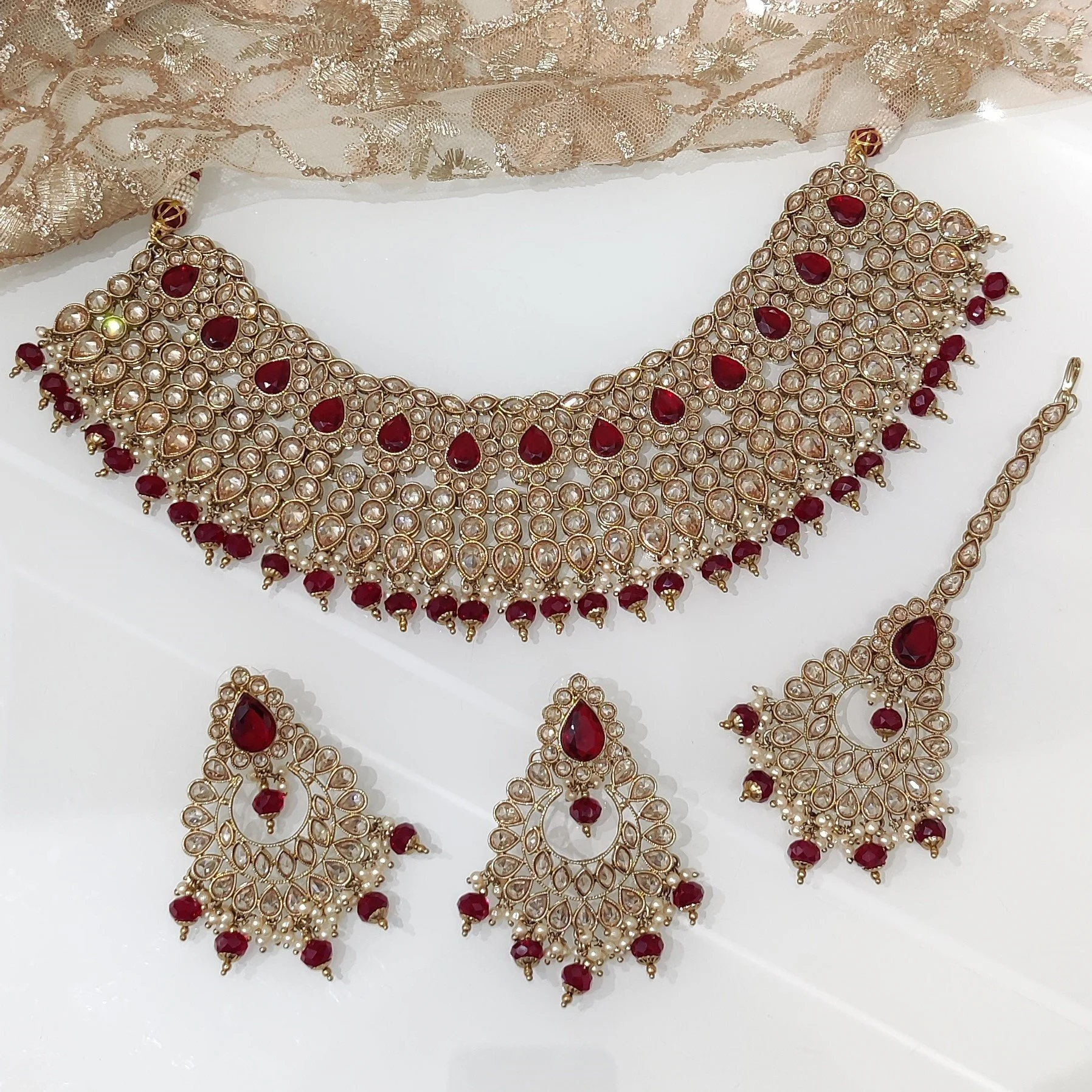 Maroon Antique Gold Indian Asian Polki Stone Bridal Necklace Jewellery Jewelry Set Wedding 