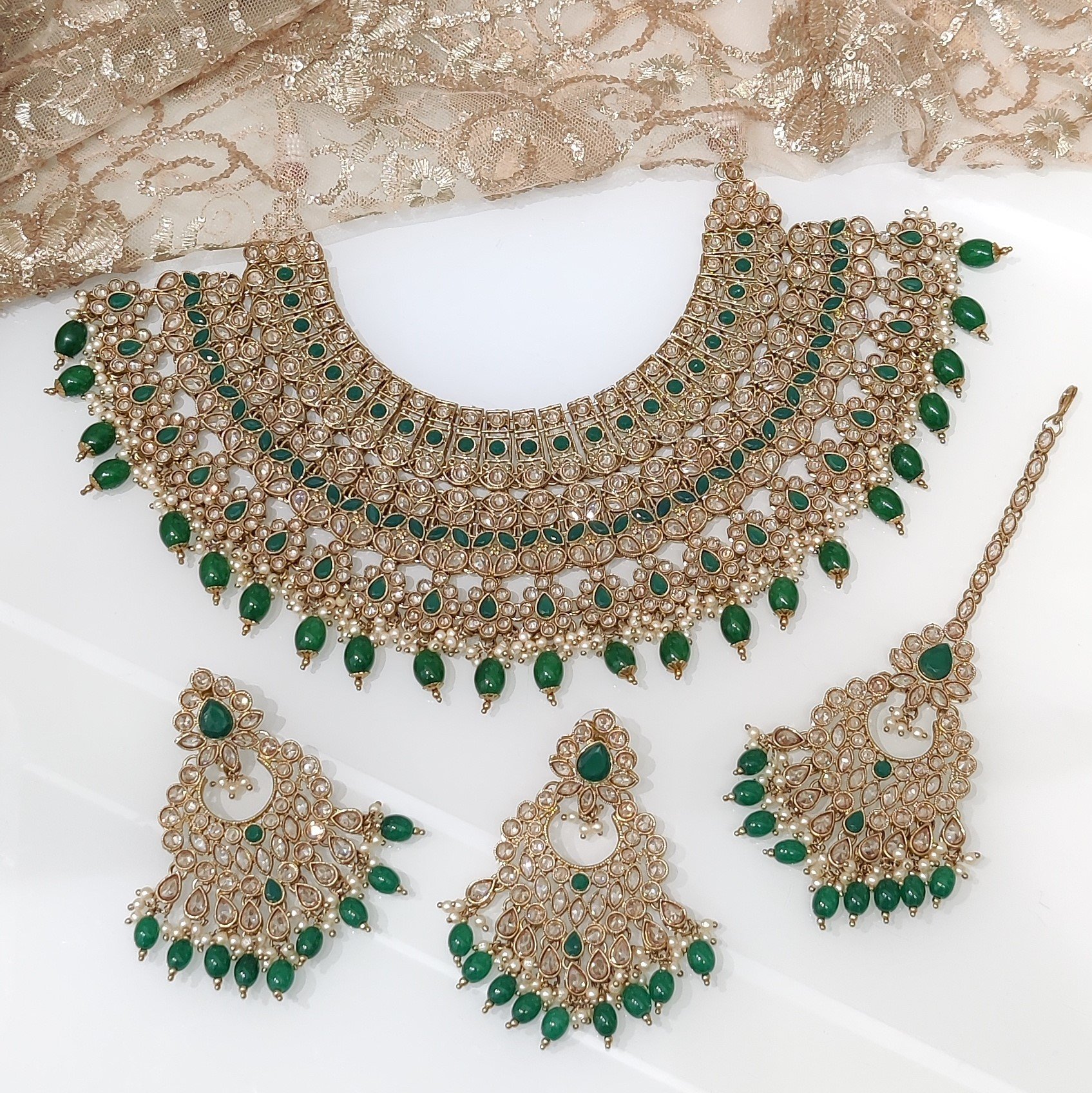 Naaz Golden Coloured Pachi Kundan Long Necklace Set With Mint Green Dr –  AG'S