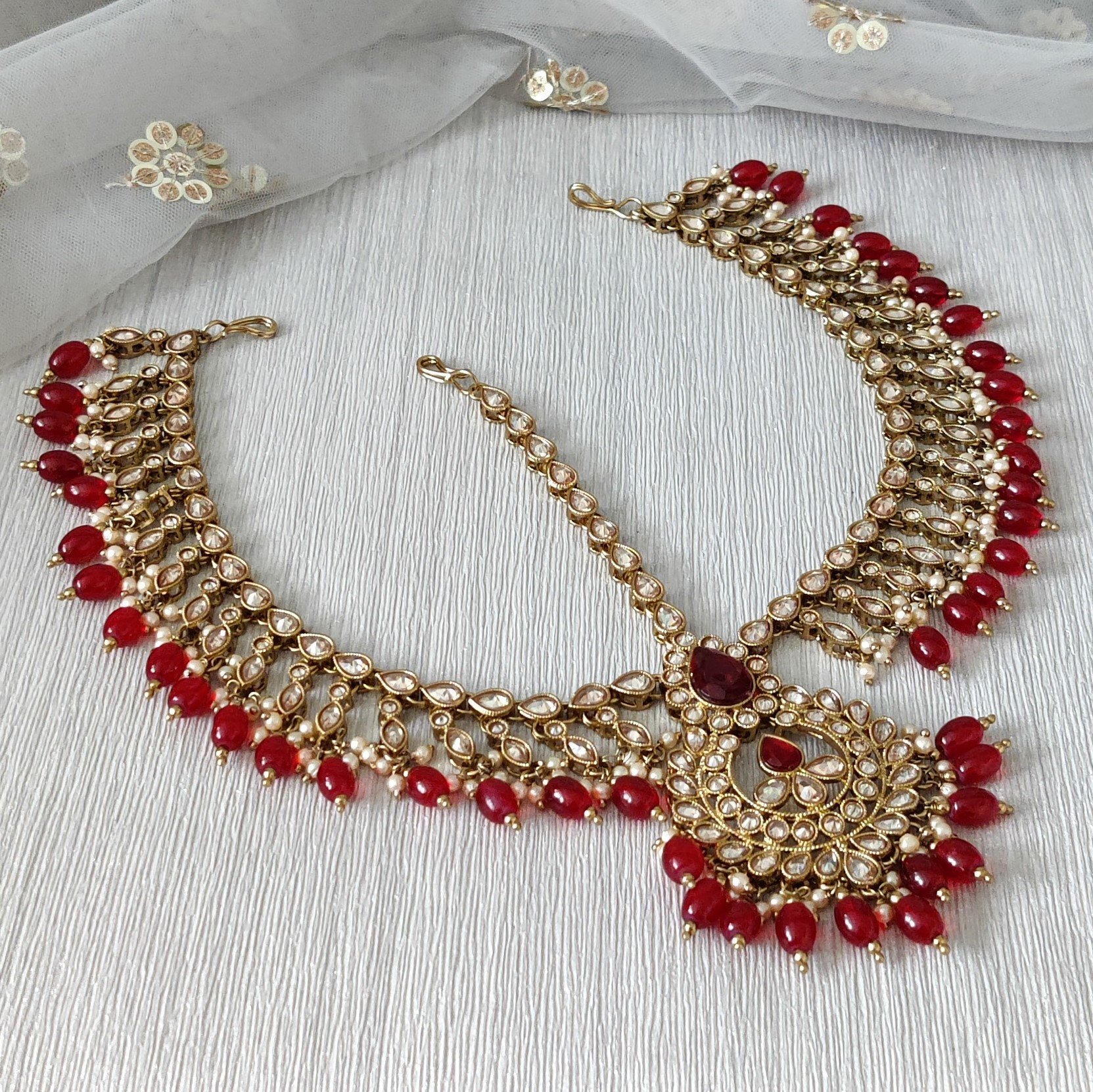 Maroon Antique Gold 'RANI' Matha Patti Headpiece Head Chain