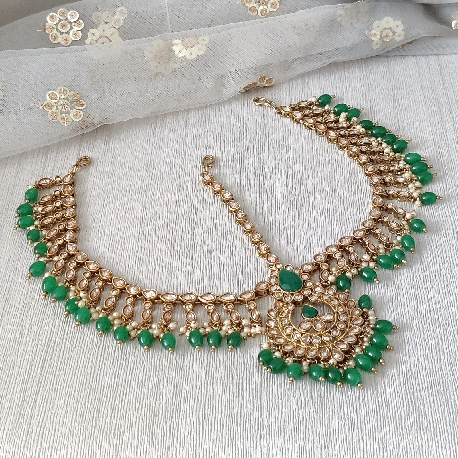 Green Antique Gold Indian Asian Matha Patti Headpiece Head Chain