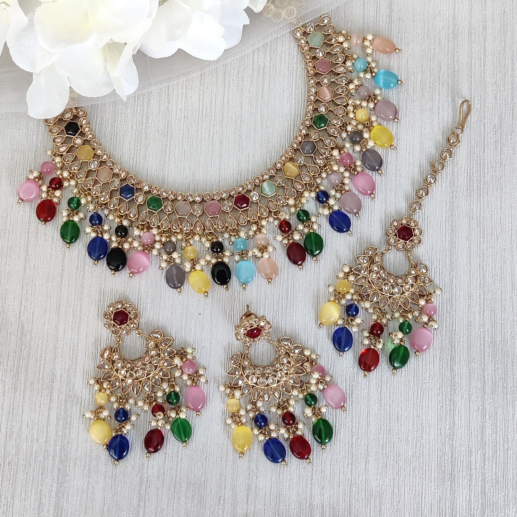 Multi Color Stones Light Weight Necklace Sets - Jewellery Designs