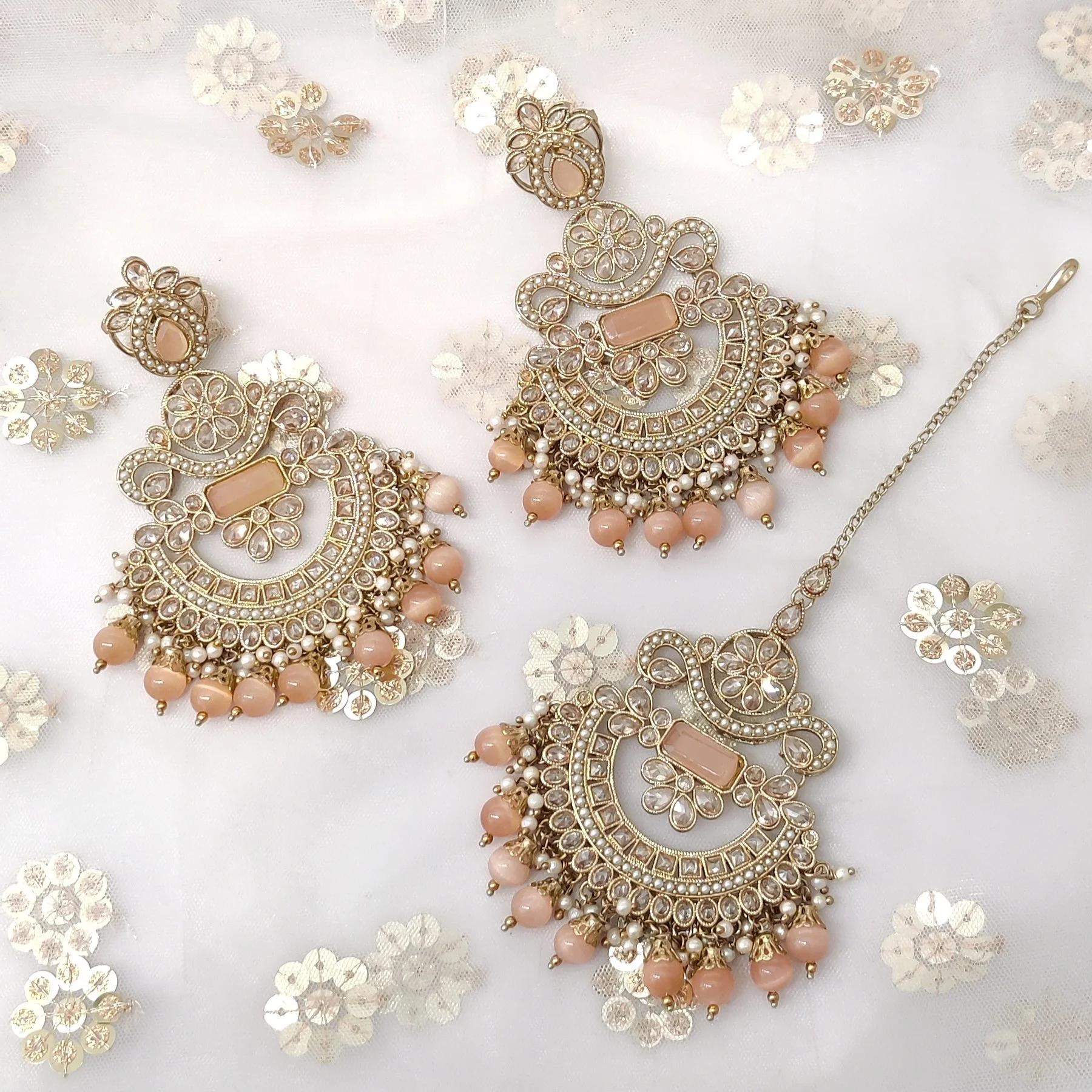 Peach Antique Gold Polki Stone Lightweight Statement Tikka Earring Set 