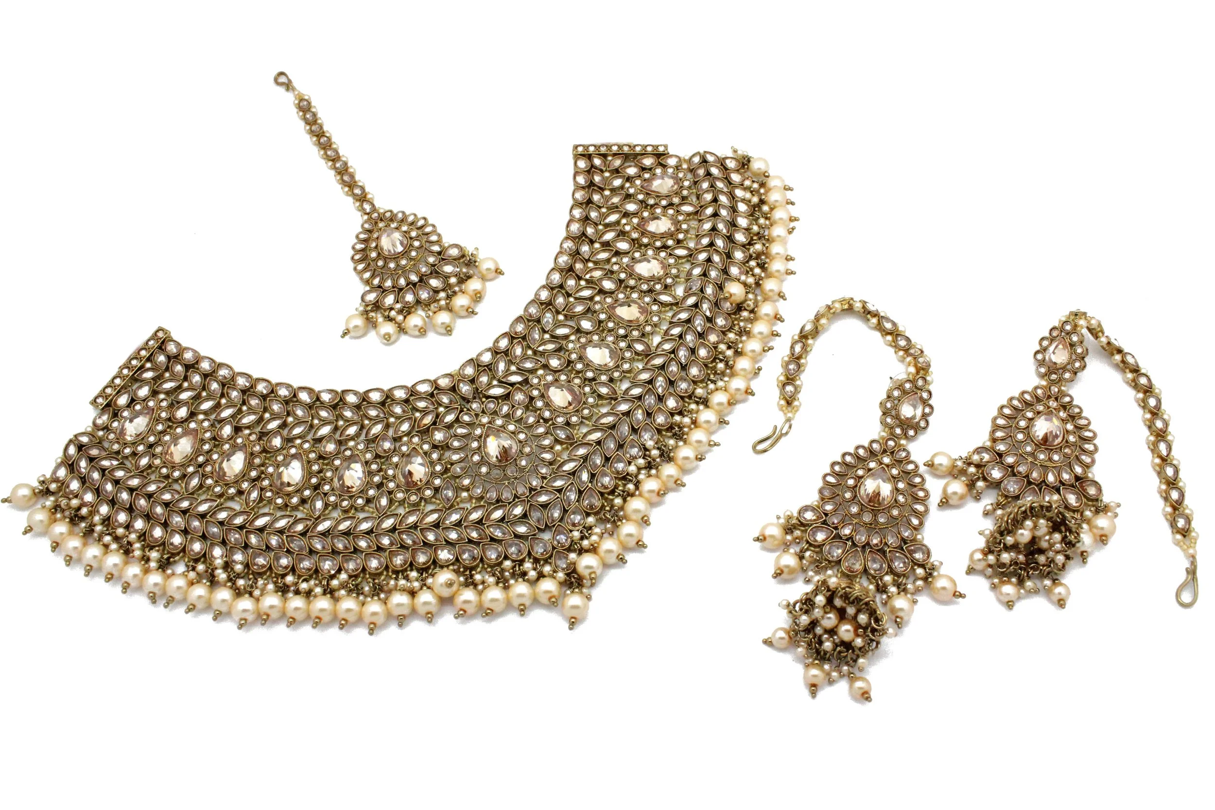 Antique Gold Intrciate Indian Asian Bridal Necklace Jewellery Set