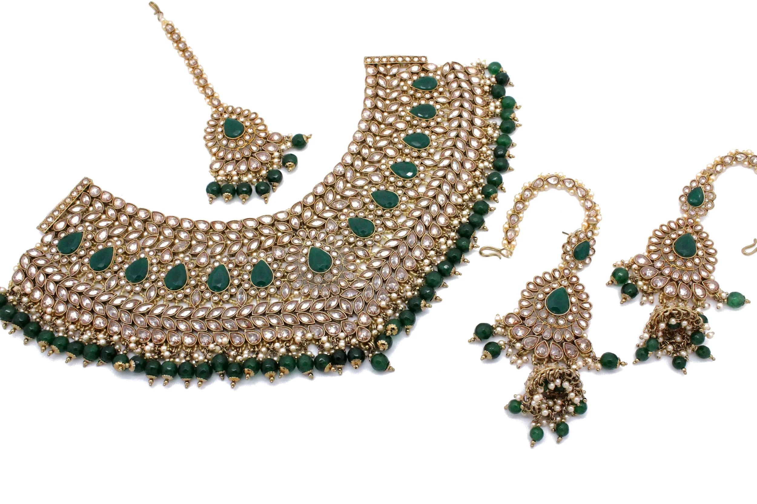Antique Gold Green Intrciate Indian Asian Bridal Necklace Jewellery Set 