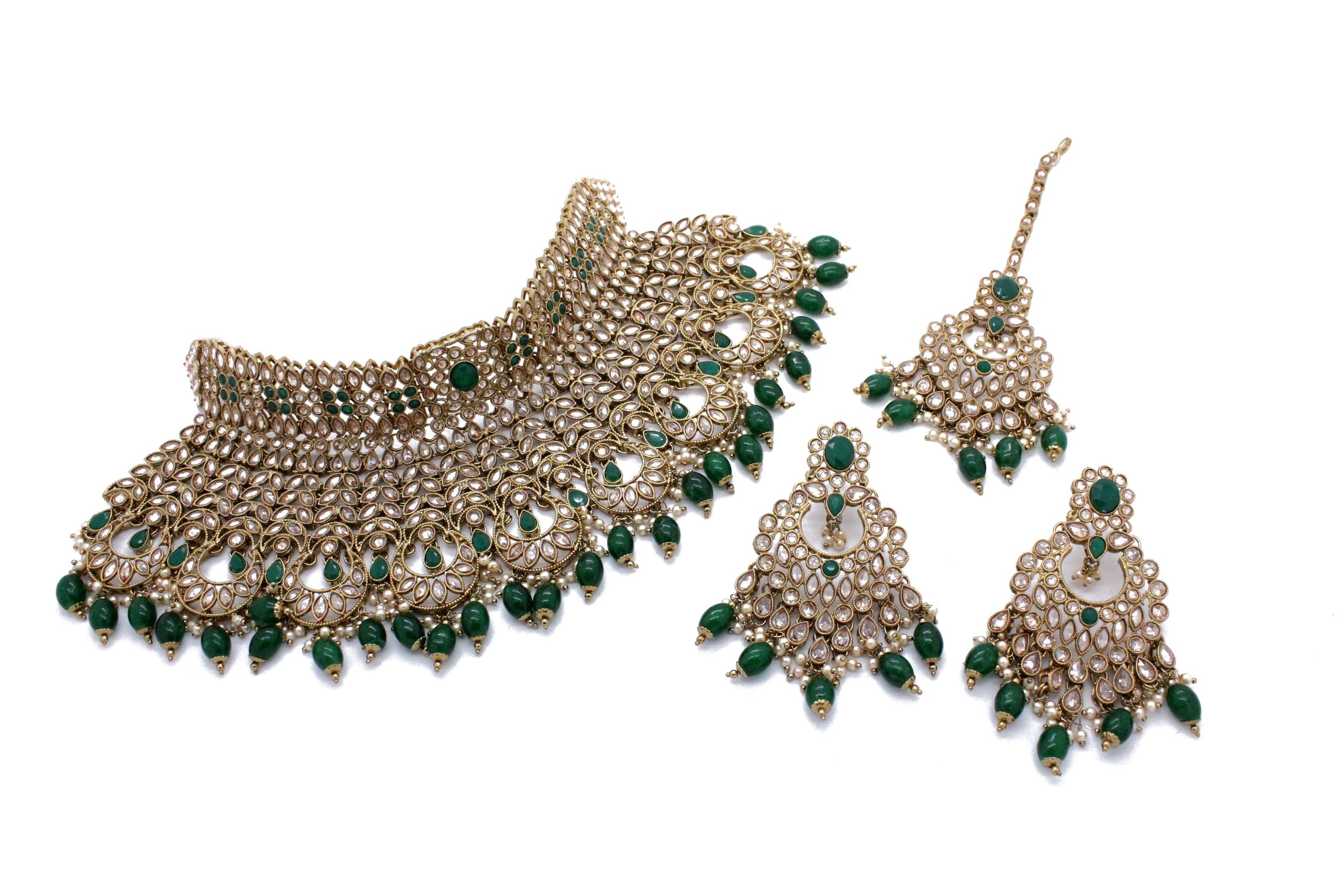 Green Antique Gold Indian Asian Polki Kundan Bridal Necklace Jewellery Jewelry Set Wedding