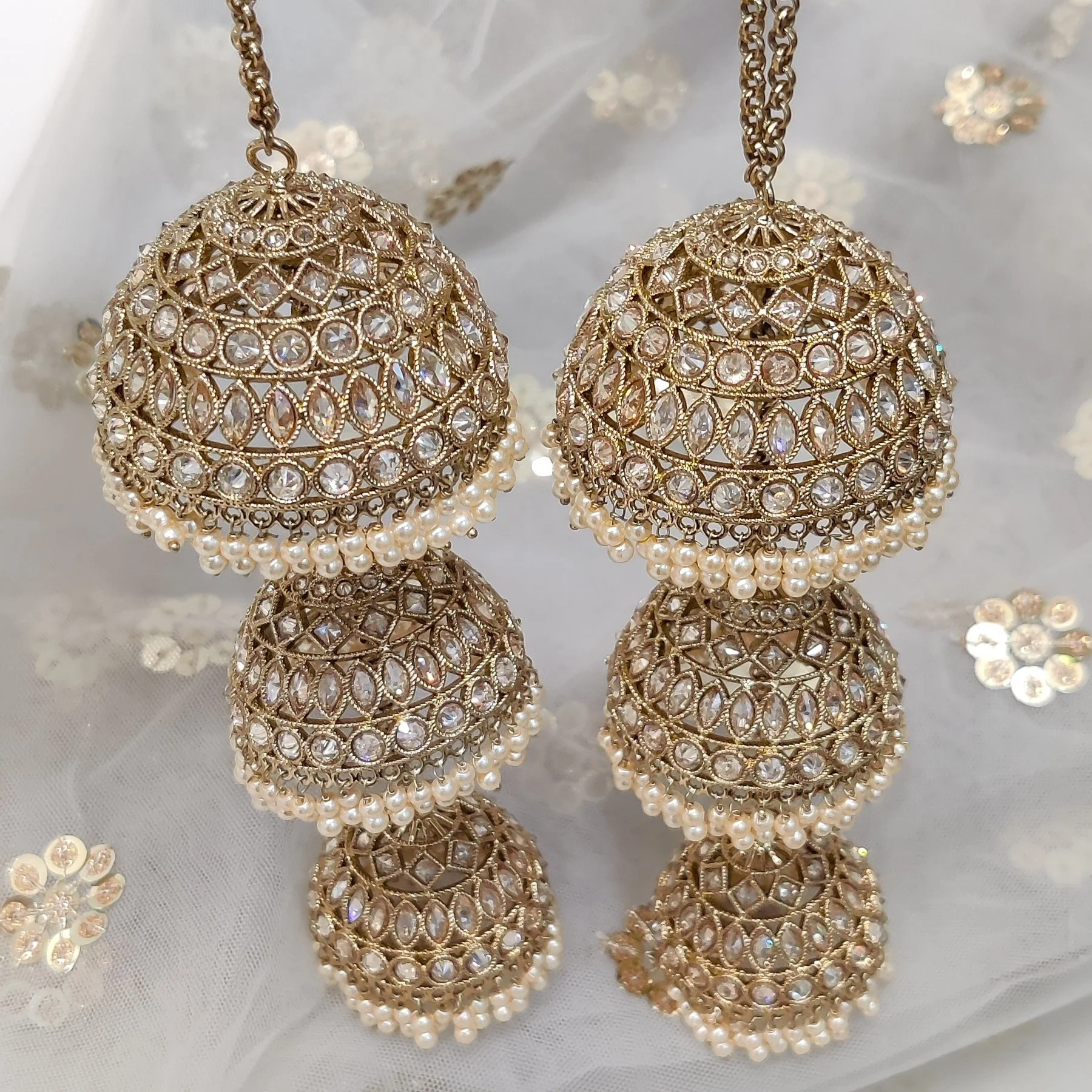 Pair of Antique Gold Polki Stone Triple Drop Bridal Wedding Kaleerey Kalire