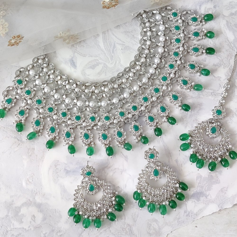 rough Monet Overwhelm Green Silver Gold Indian Asian Polki Kundan Bridal Necklace Jewellery Jewelry  Set — Glimour Jewellery