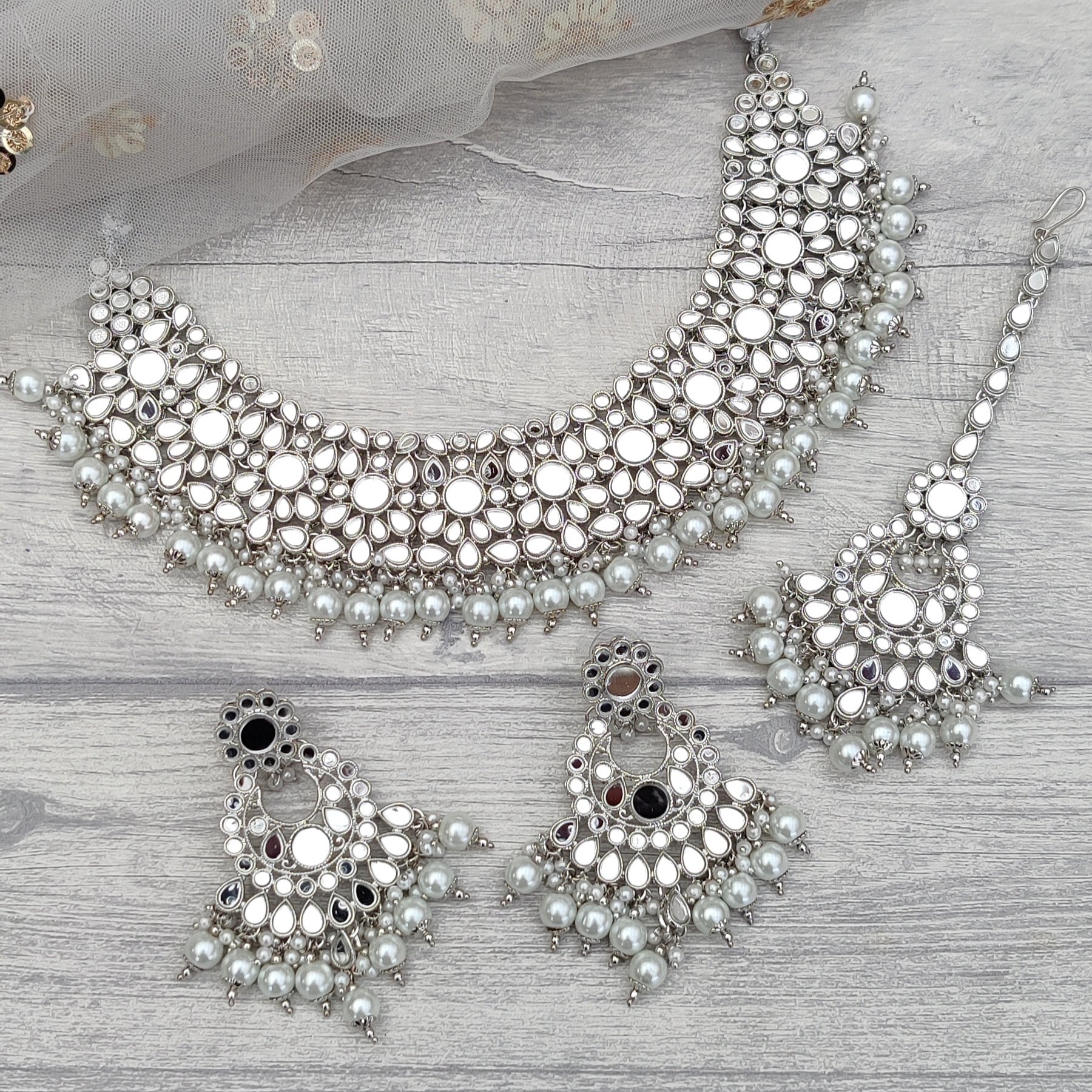 Full Silver Mirror Stone Sheesha Stone Indian Asian Necklace Jewellery Set Wedding Party Bridal