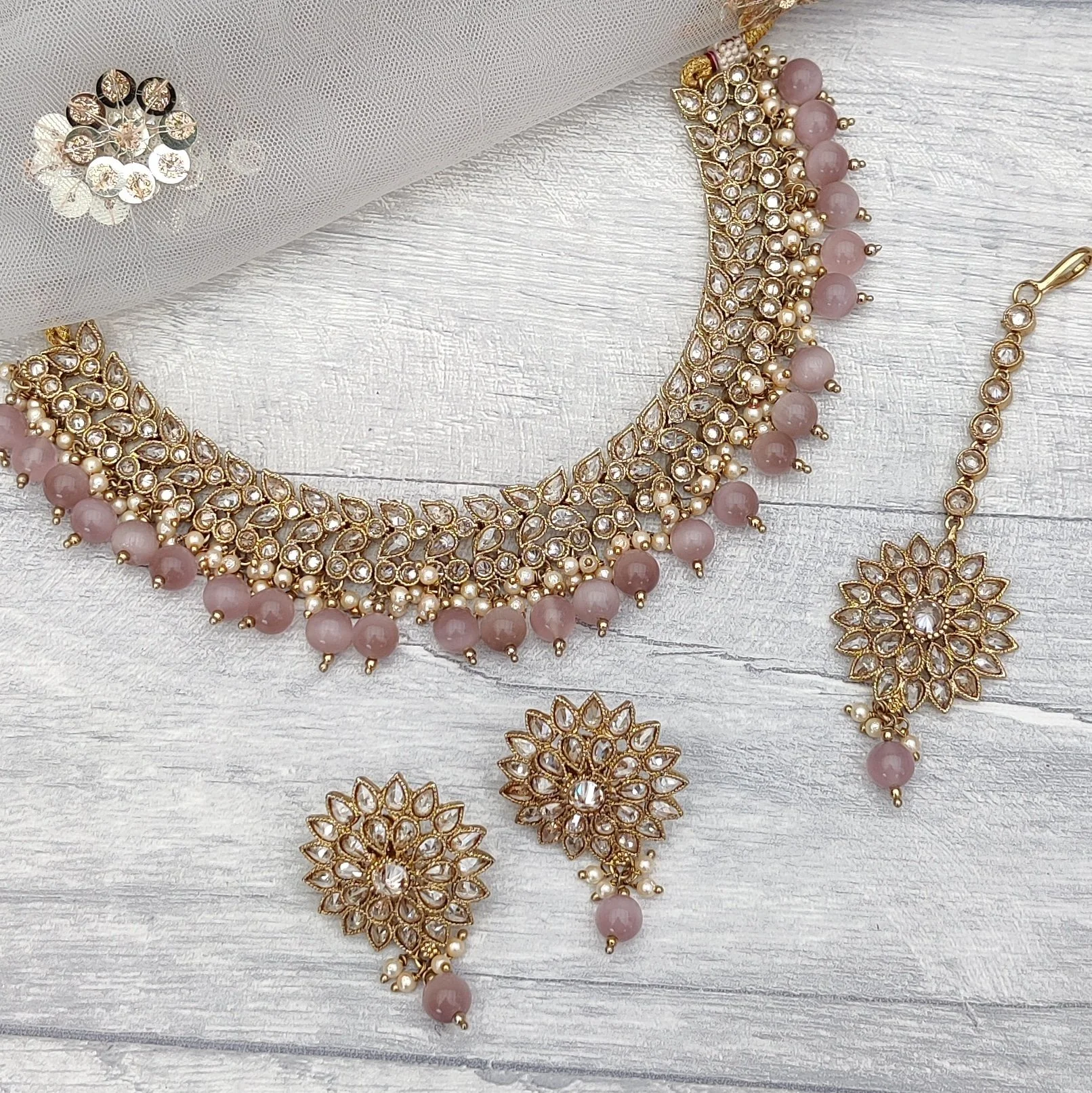 Antique Gold Lilac Mauve Simple Polki Stone Necklace Jewellery Set Wedding Party