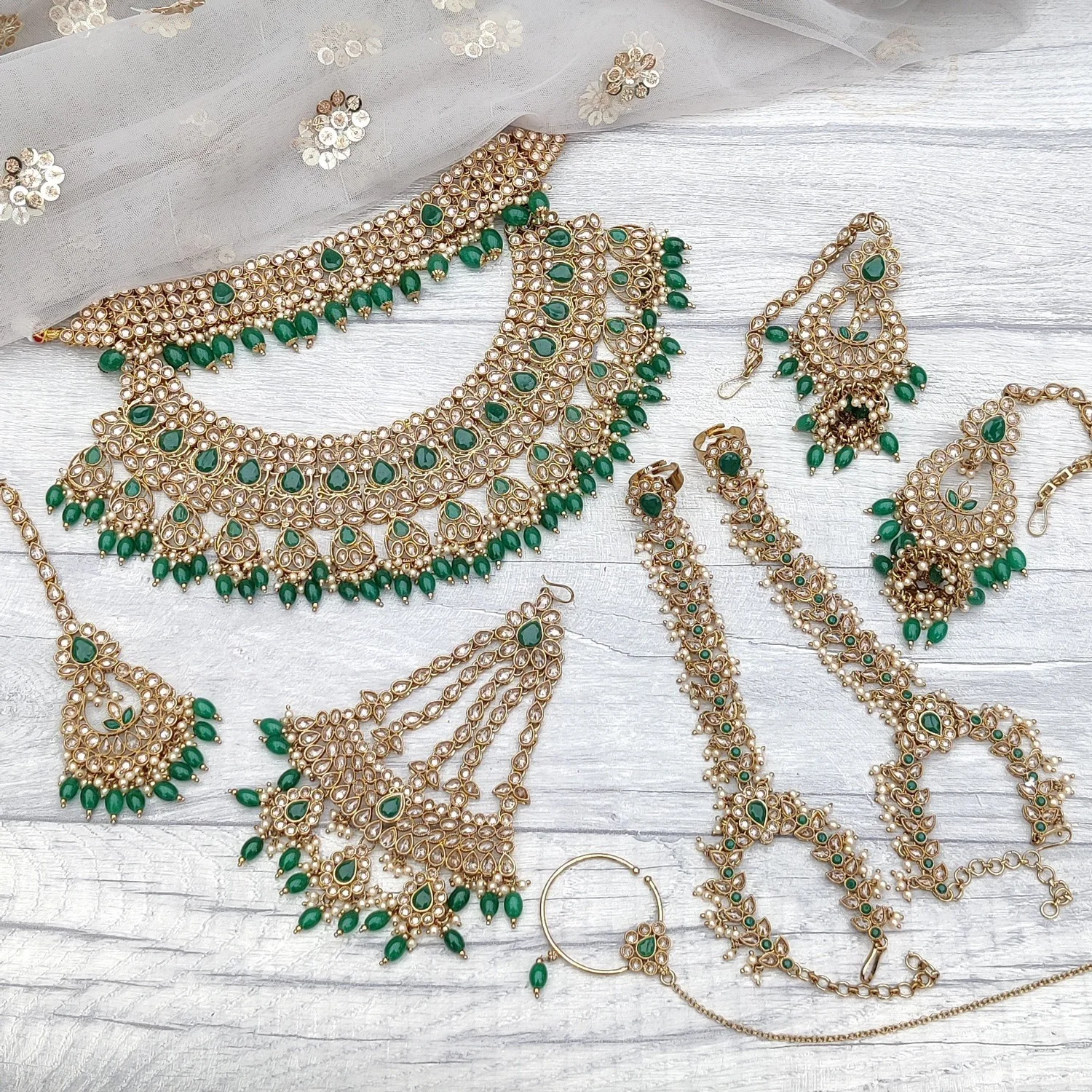Bridal Jewelry Gold Rhinestone Necklace Set Green Antique Gold