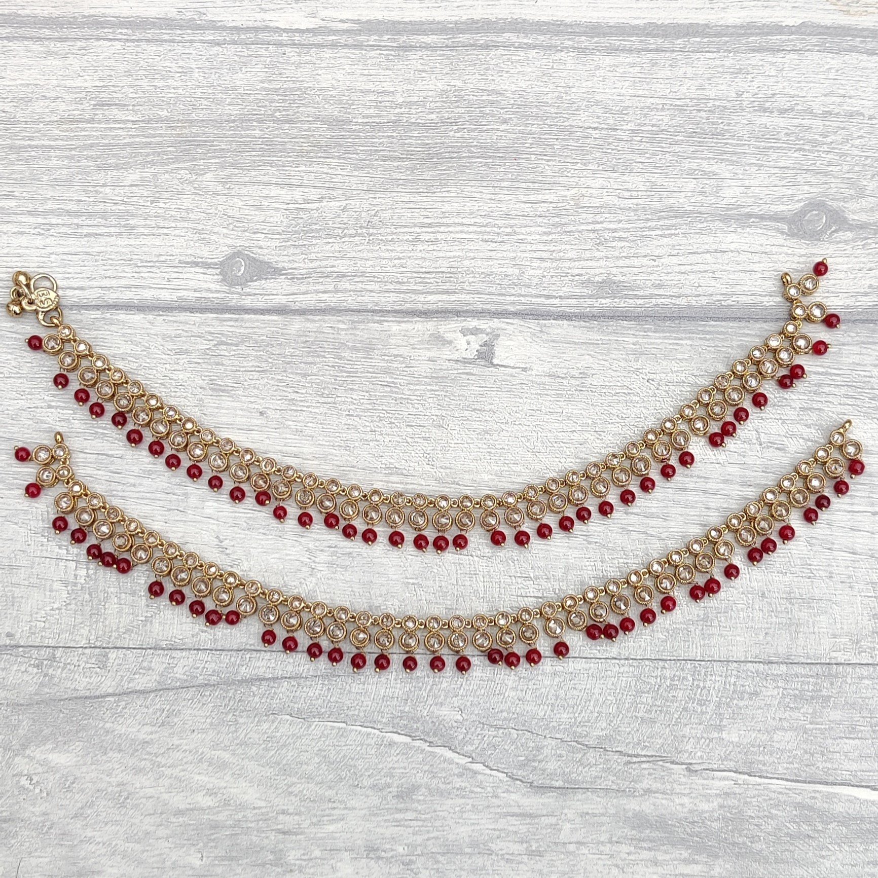 Pair of Antique Gold Maroon Polki Stone Payals