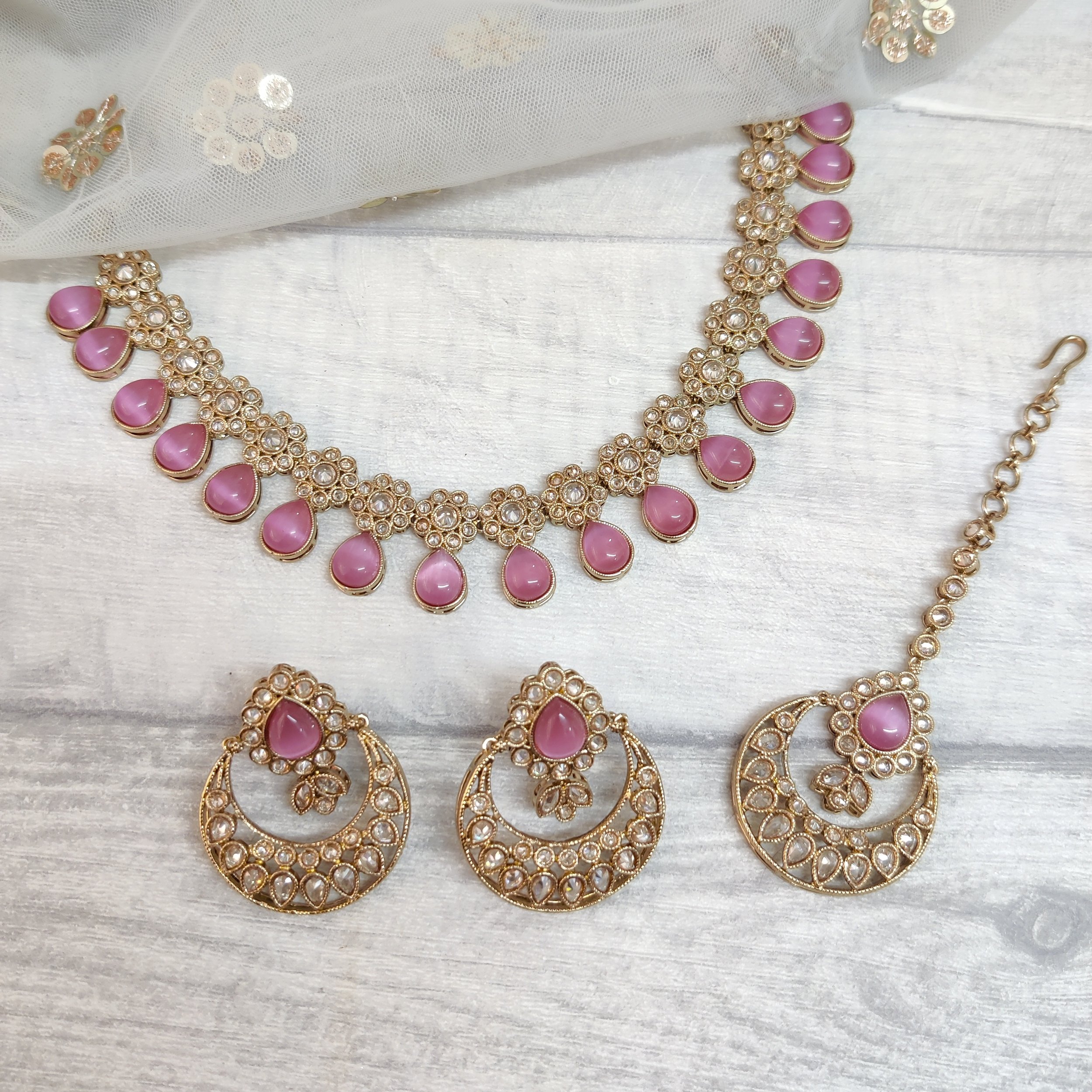 Baby Pink Antique Gold Indian Asian Flexible Polki Stone Necklace Jewellery Set