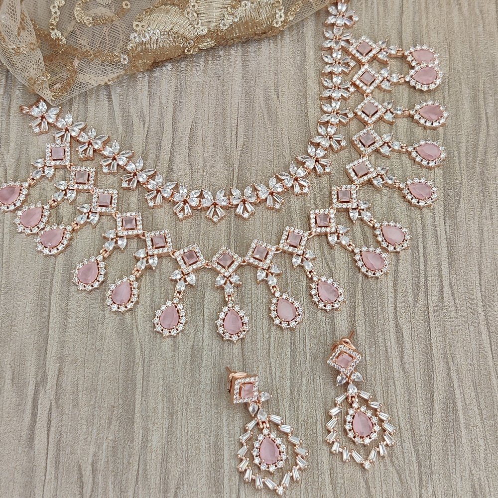 Rose gold American diamond necklace set | Crystal mint green Jewelry | Blue  stone bridal wedding necklace | Pink Diamond Statement Necklace