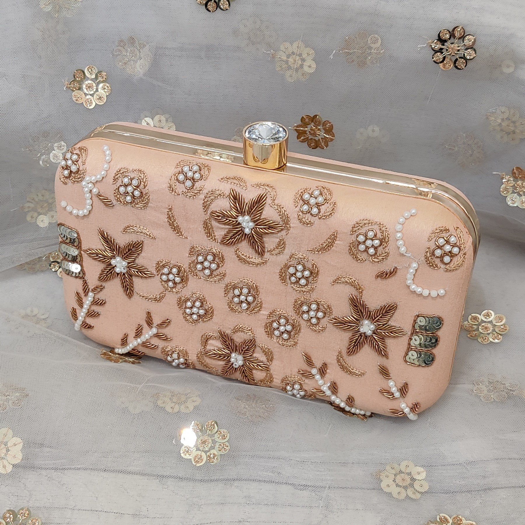 Peach Sequin Stone Clutch