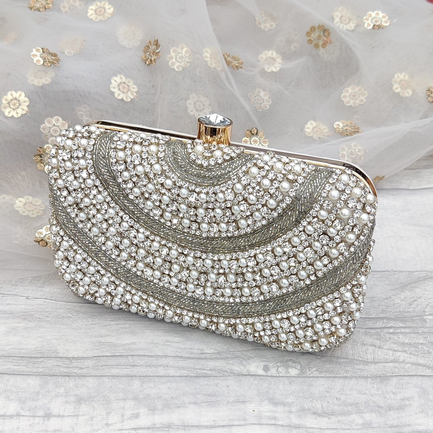 Pearl Beaded Clutch Bag Off White