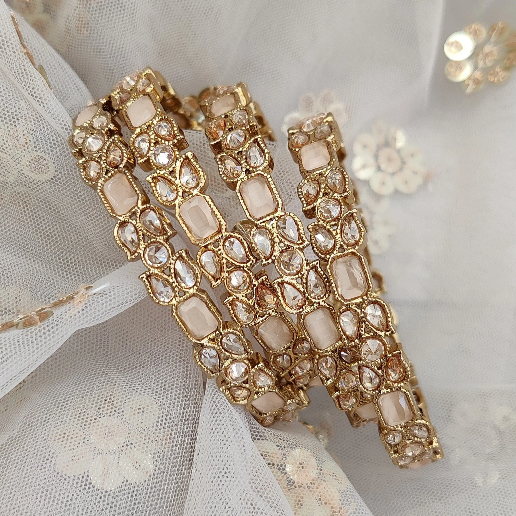 Peach Antique Gold Polki Stone Kangan Bangles Churiya Karay